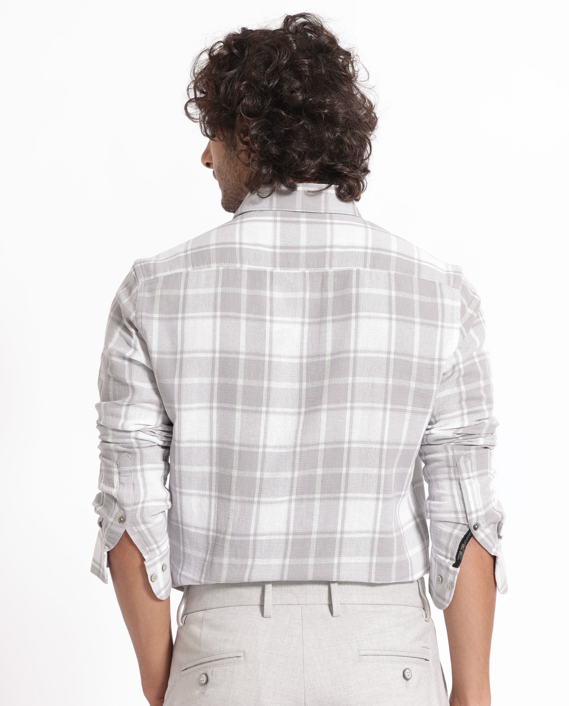 Rare Rabbit Men's Tropea Light Grey Cotton Fabric Full Sleeves Checks Shirt