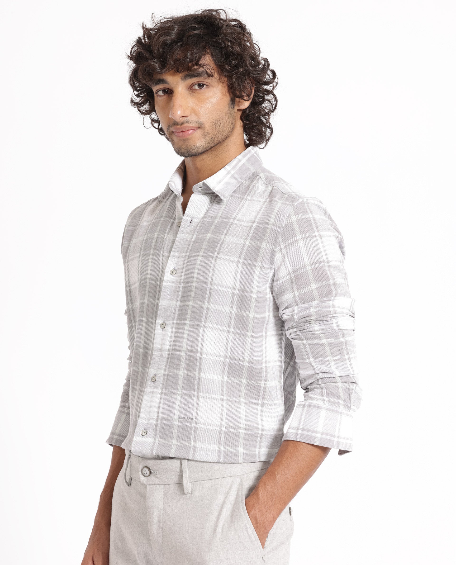 Rare Rabbit Men's Tropea Light Grey Cotton Fabric Full Sleeves Checks Shirt