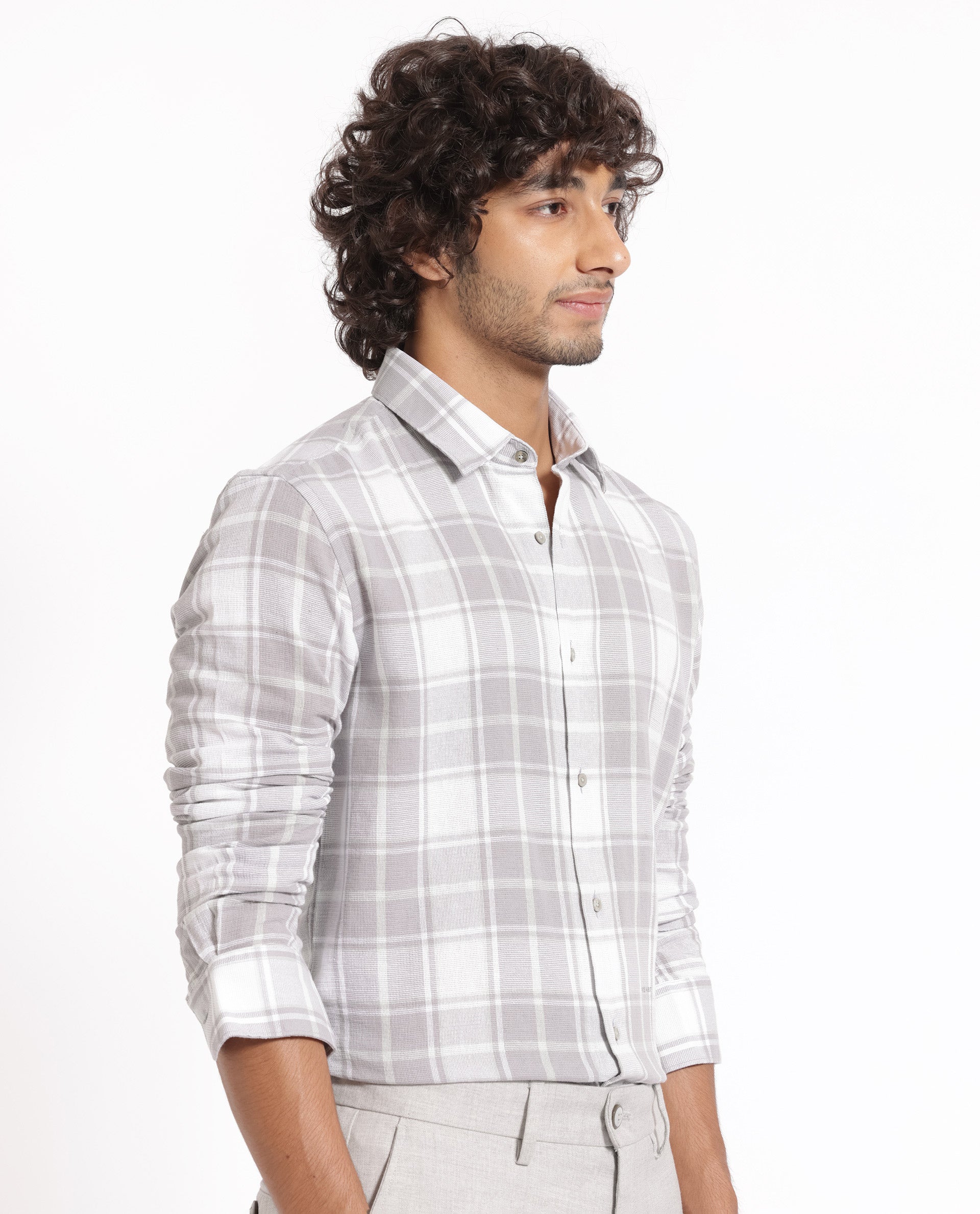 Rare Rabbit Men's Tropea Light Grey Cotton Fabric Full Sleeves Checks Shirt