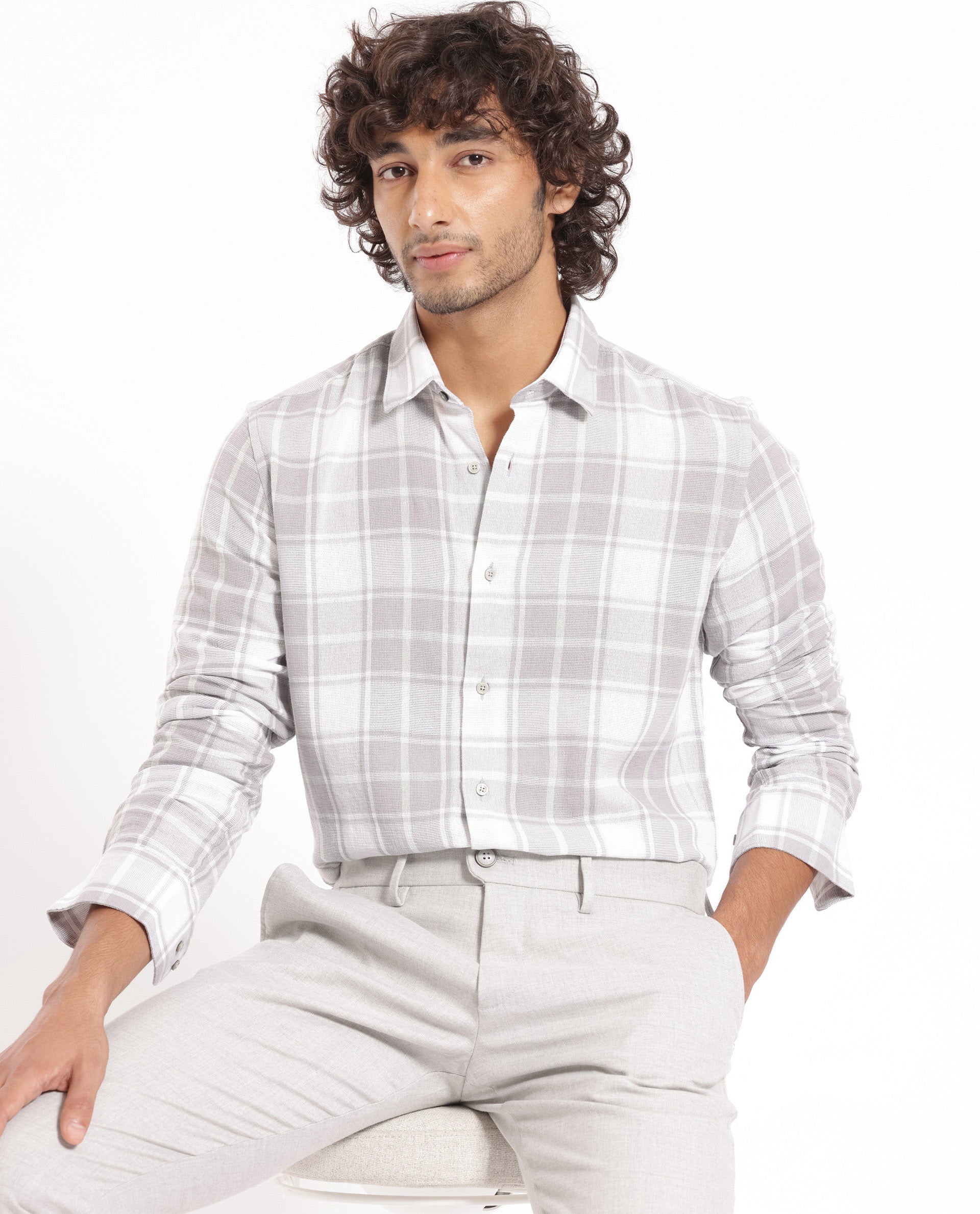 Rare Rabbit Men's Tropea Light Grey Cotton Fabric Full Sleeves Checks Shirt