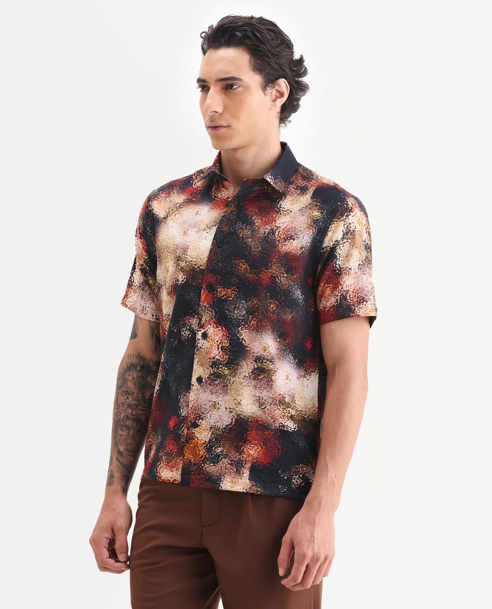 Rare Rabbit Men's Trou Black Viscose Blend Fabric Collared Neck Regular Fit Abstract Print Shirt