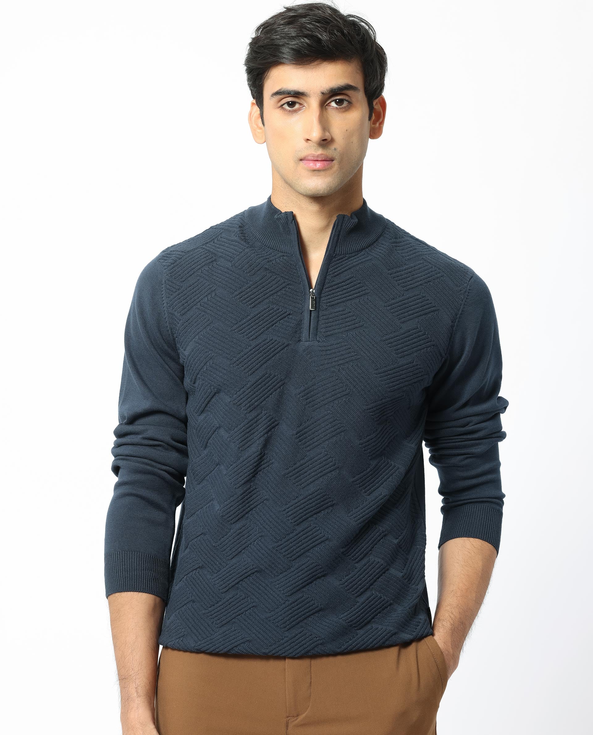 Rare Rabbit Mens Troyo Blue Sweater Full Sleeve High Neck Solid