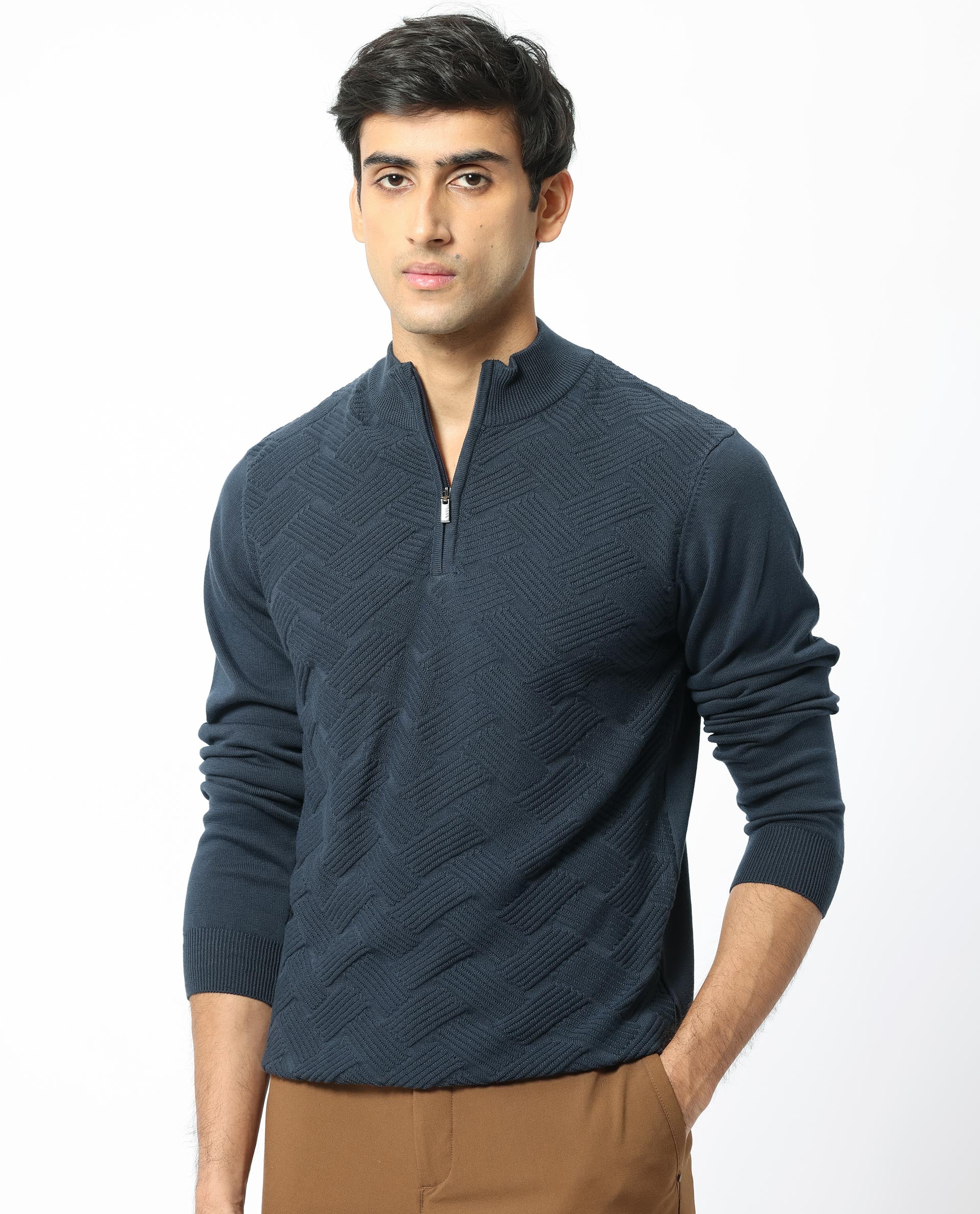 Rare Rabbit Mens Troyo Blue Sweater Full Sleeve High Neck Solid