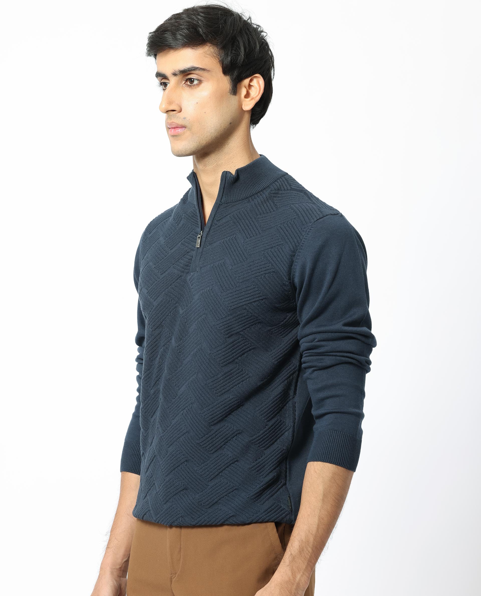 Rare Rabbit Mens Troyo Blue Sweater Full Sleeve High Neck Solid