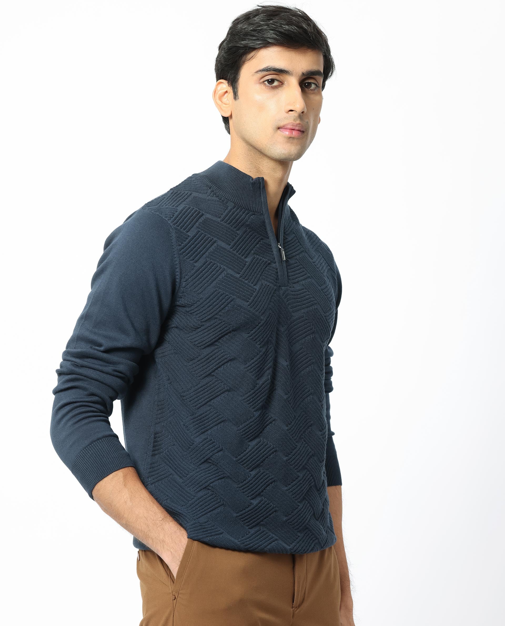 Rare Rabbit Mens Troyo Blue Sweater Full Sleeve High Neck Solid