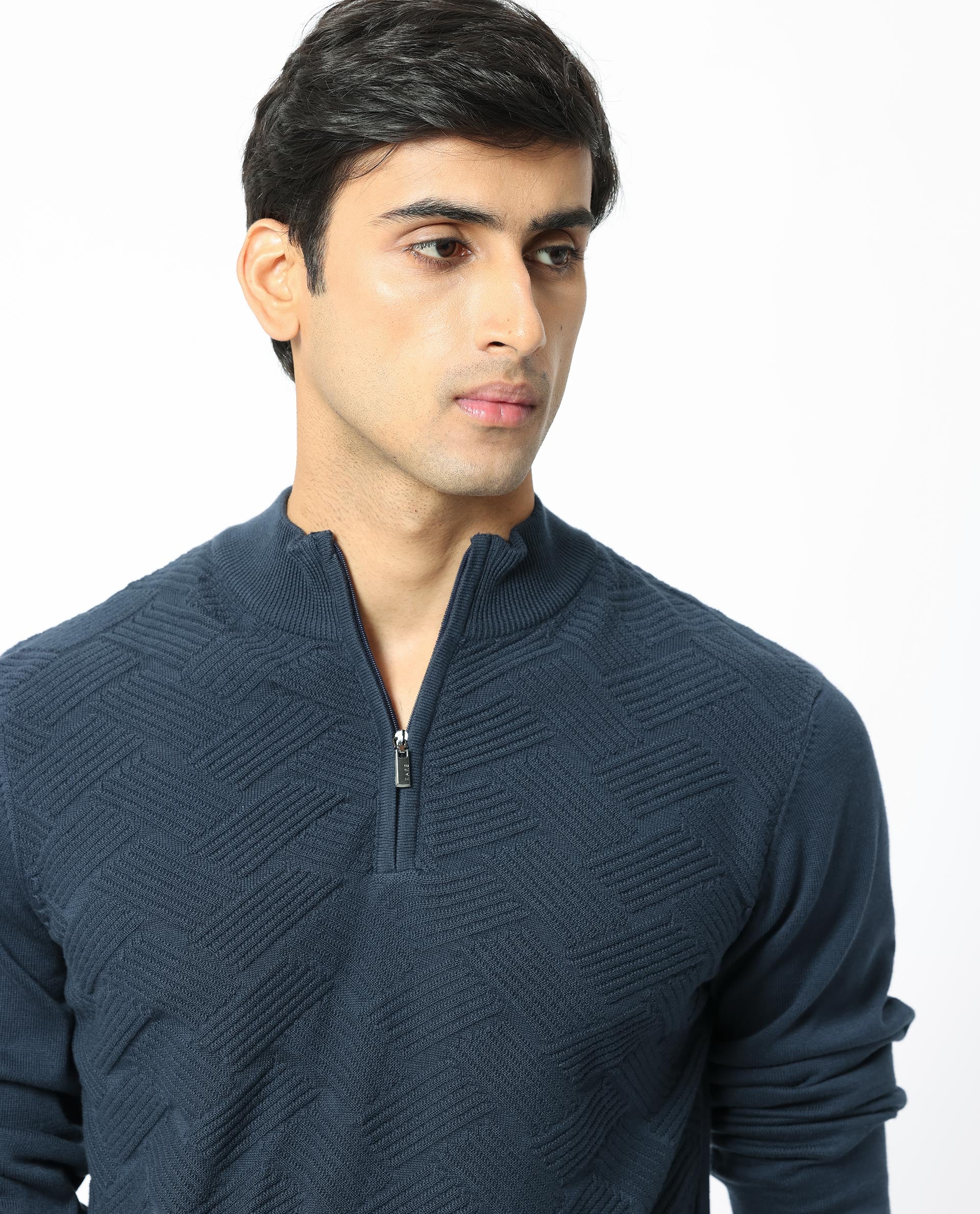 Rare Rabbit Mens Troyo Blue Sweater Full Sleeve High Neck Solid