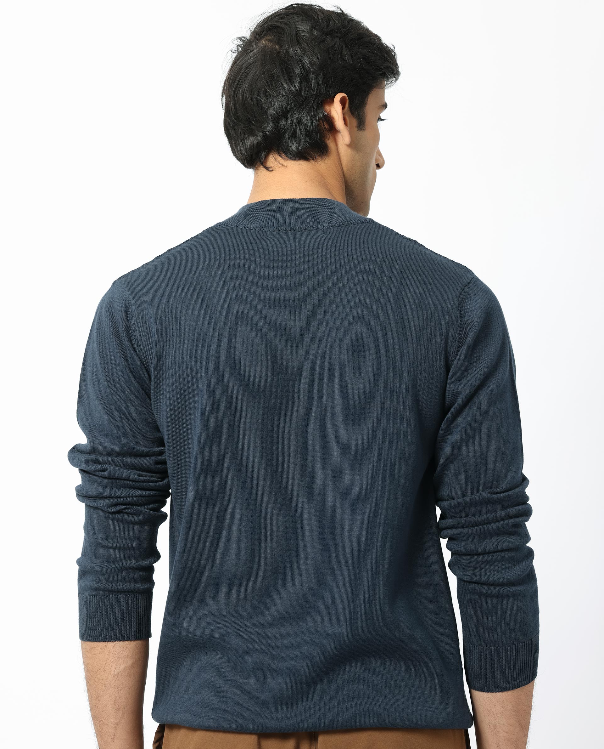 Rare Rabbit Mens Troyo Blue Sweater Full Sleeve High Neck Solid
