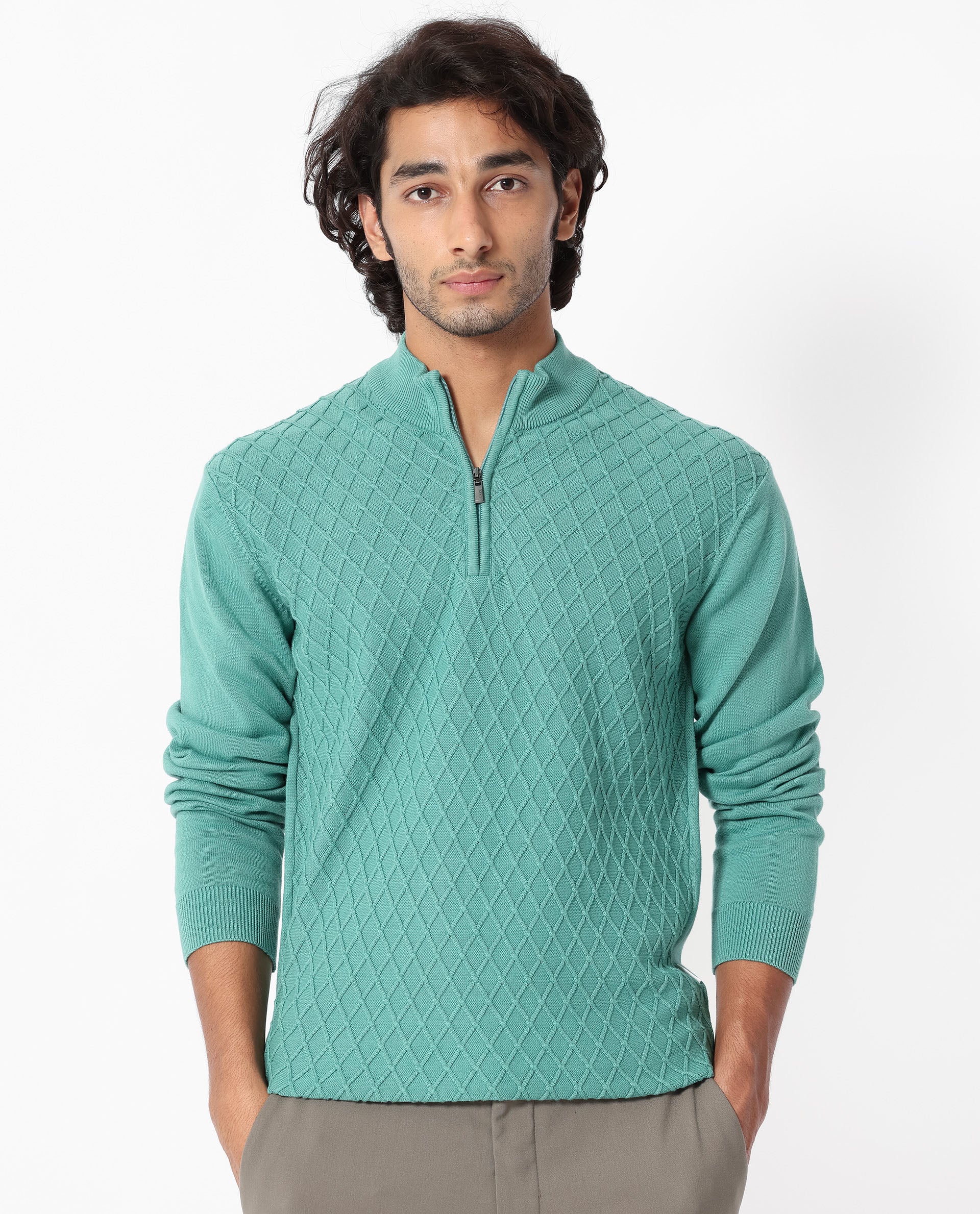 Rare Rabbit Mens Troyo Pastel Green Sweater Cotton Fabric High Neck Knitted Full Sleeves Zipper Closure Regular Fit