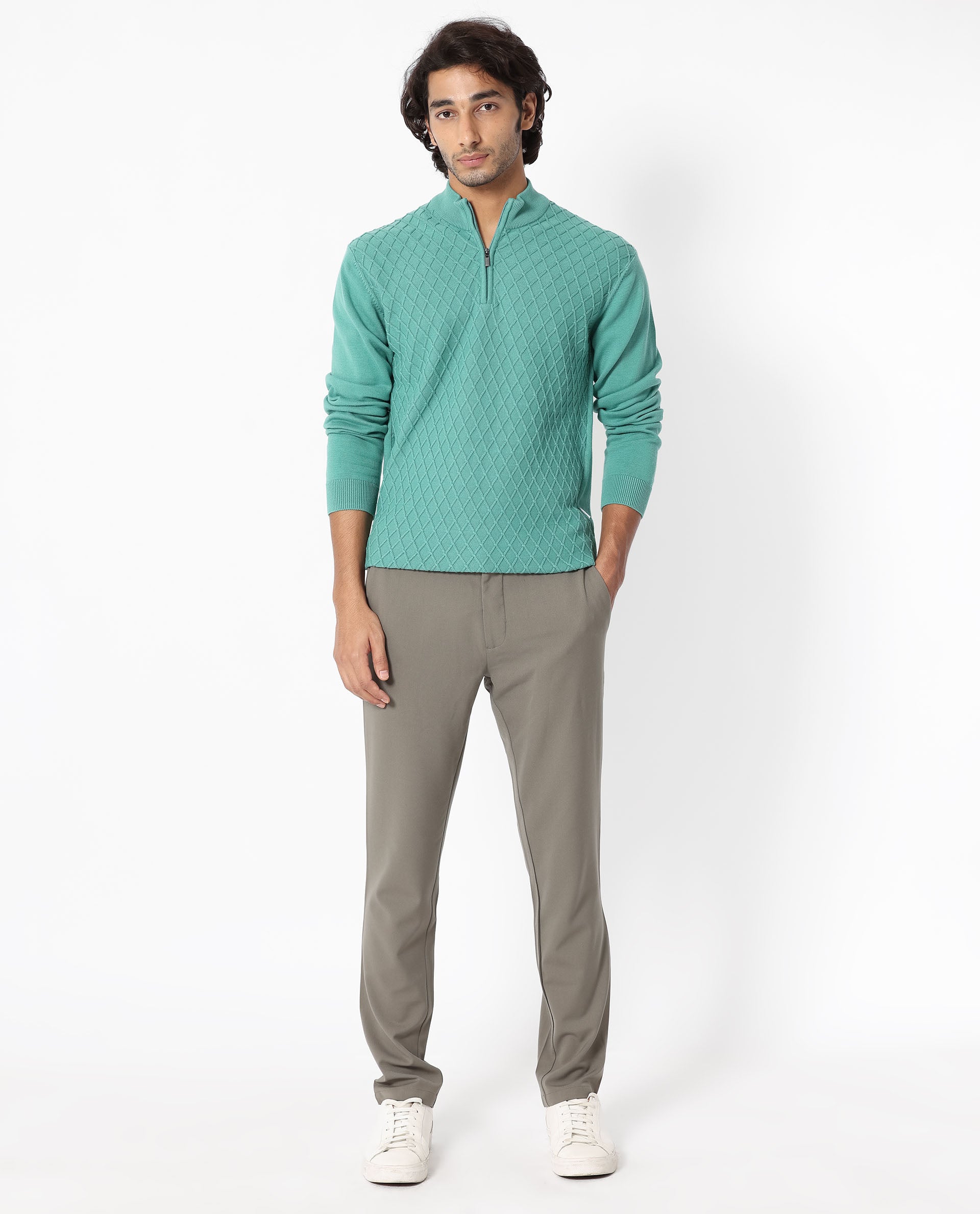 Rare Rabbit Mens Troyo Pastel Green Sweater Cotton Fabric High Neck Knitted Full Sleeves Zipper Closure Regular Fit