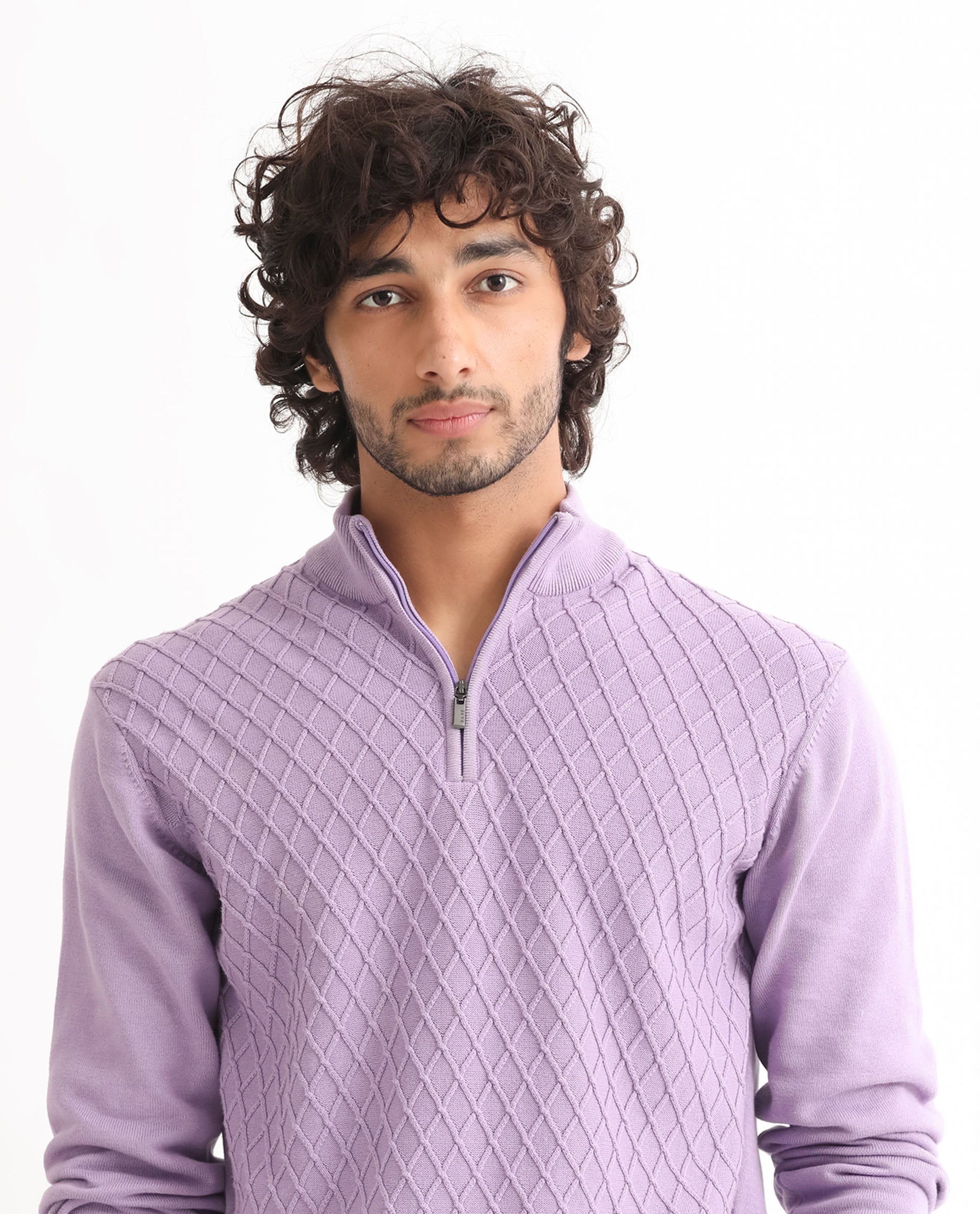Rare Rabbit Mens Troyo Pastel Purple Sweater Cotton Fabric High Neck Knitted Full Sleeves Zipper Closure Regular Fit