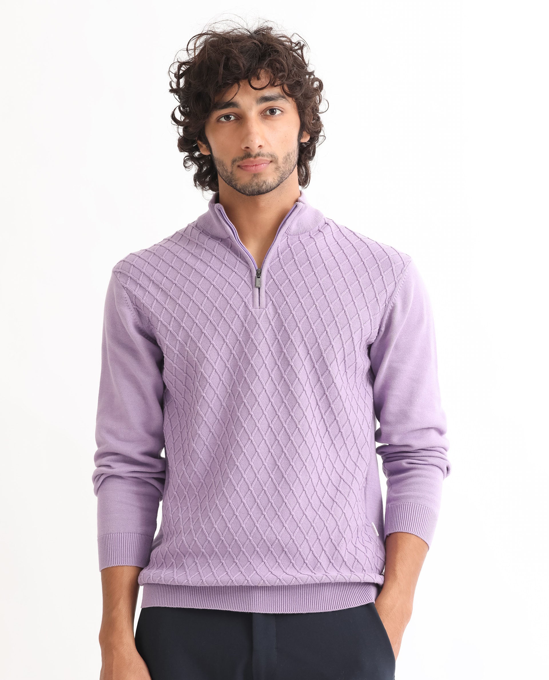 Rare Rabbit Mens Troyo Pastel Purple Sweater Cotton Fabric High Neck Knitted Full Sleeves Zipper Closure Regular Fit