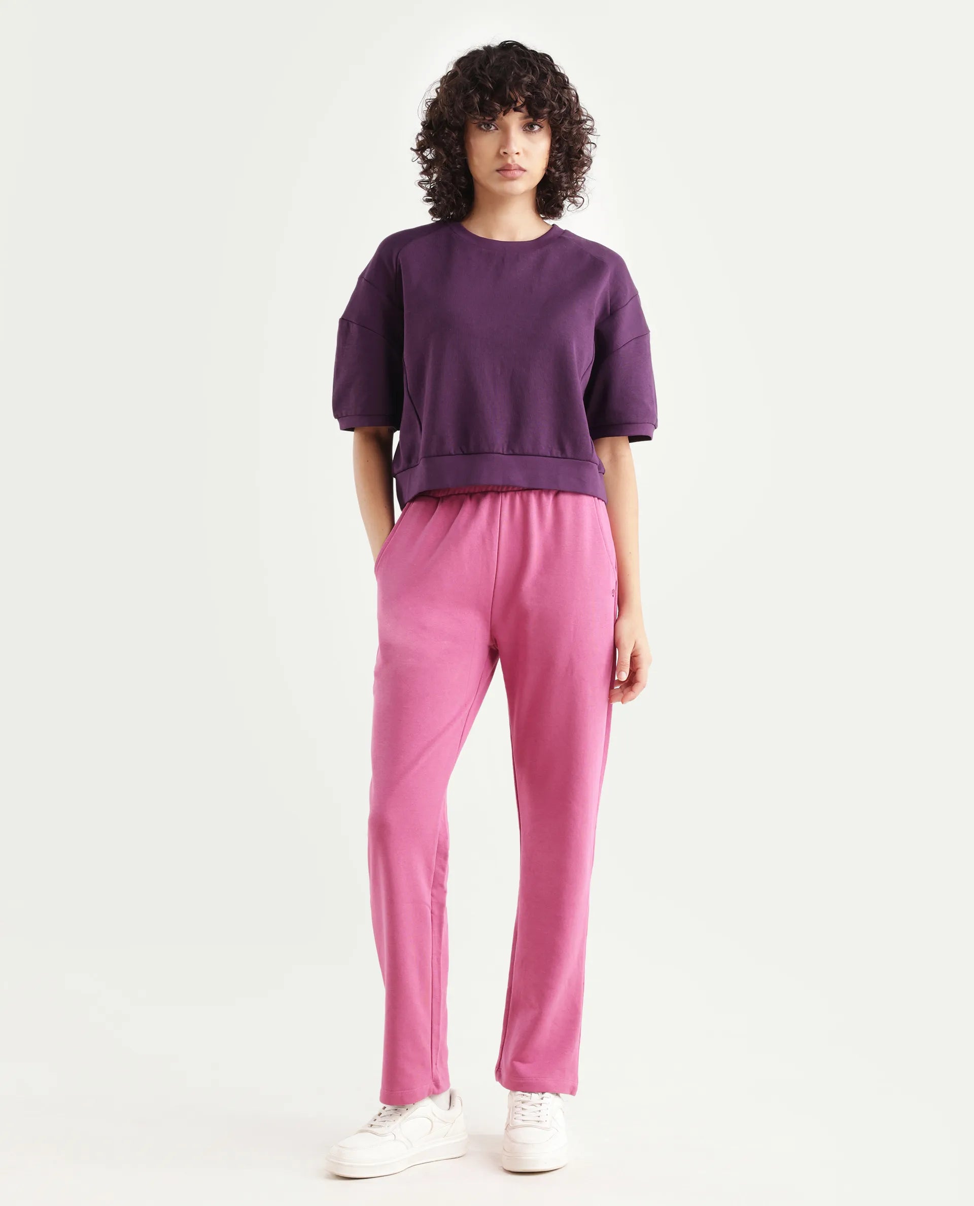 Rareism Women's Trunky Dark Pink Cotton Blend Plain Ankle Length Straight Fit Track Pant