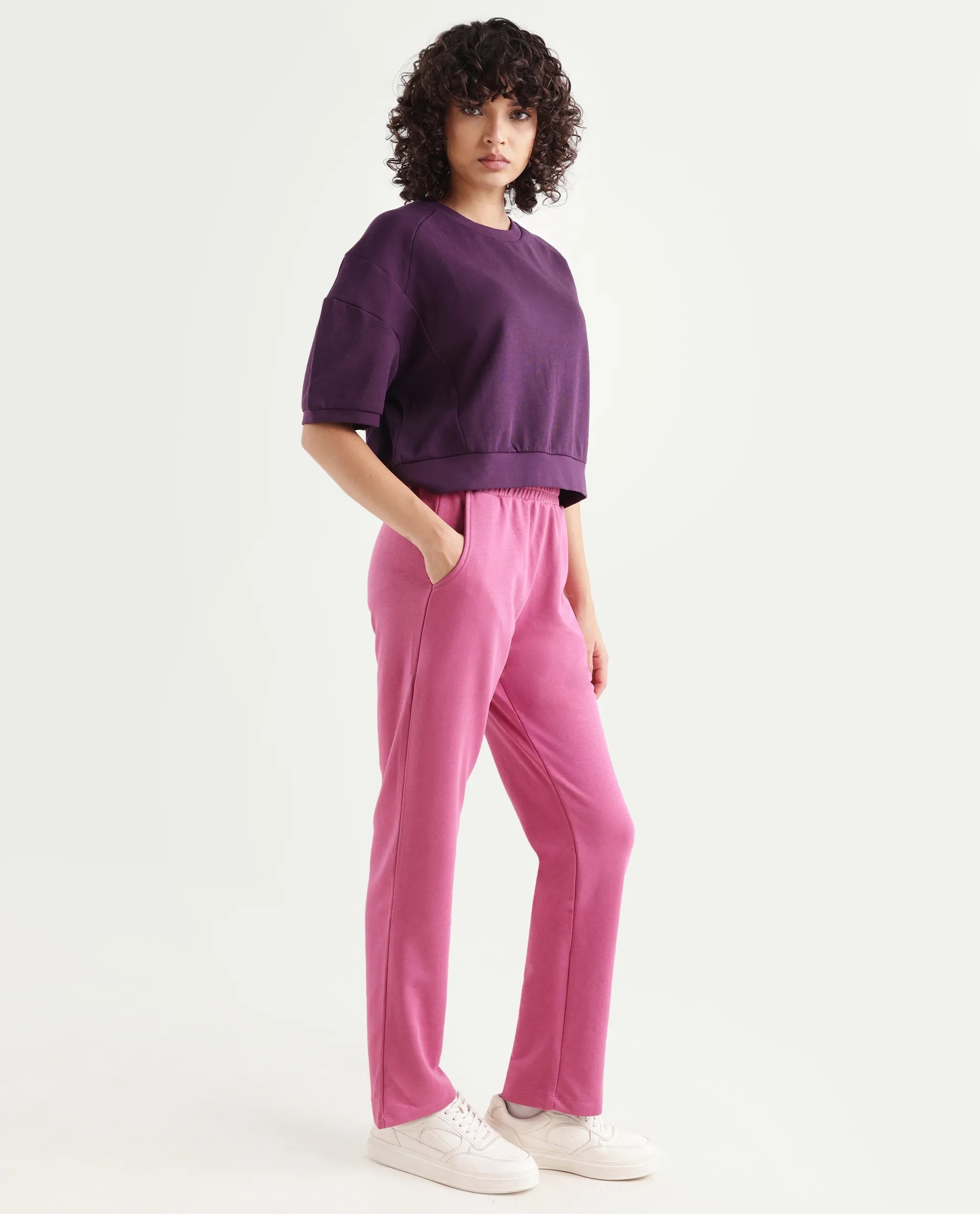 Rareism Women's Trunky Dark Pink Cotton Blend Plain Ankle Length Straight Fit Track Pant