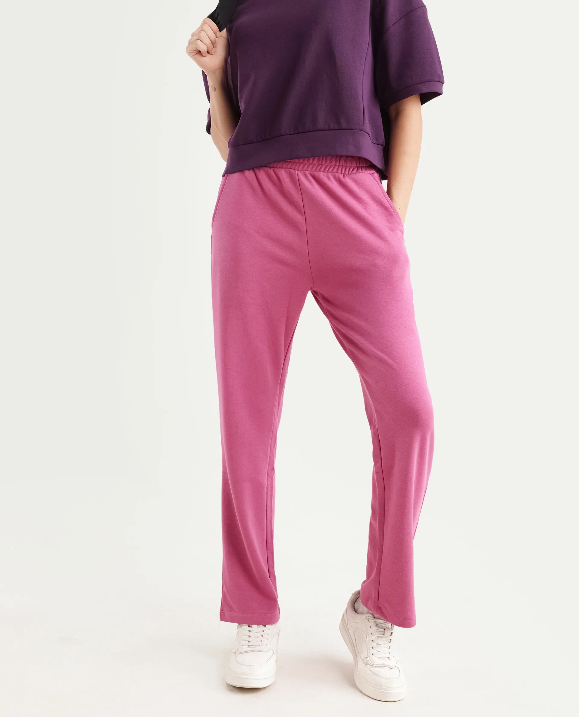 Rareism Women's Trunky Dark Pink Cotton Blend Plain Ankle Length Straight Fit Track Pant