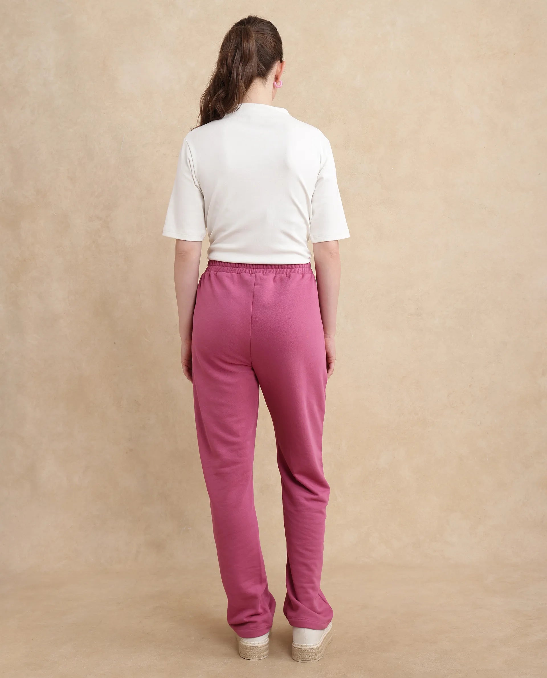 Rareism Women Trunky Dark Pink Cotton Blend Fabric Straight Fit Ankle Length Plain Track Pant