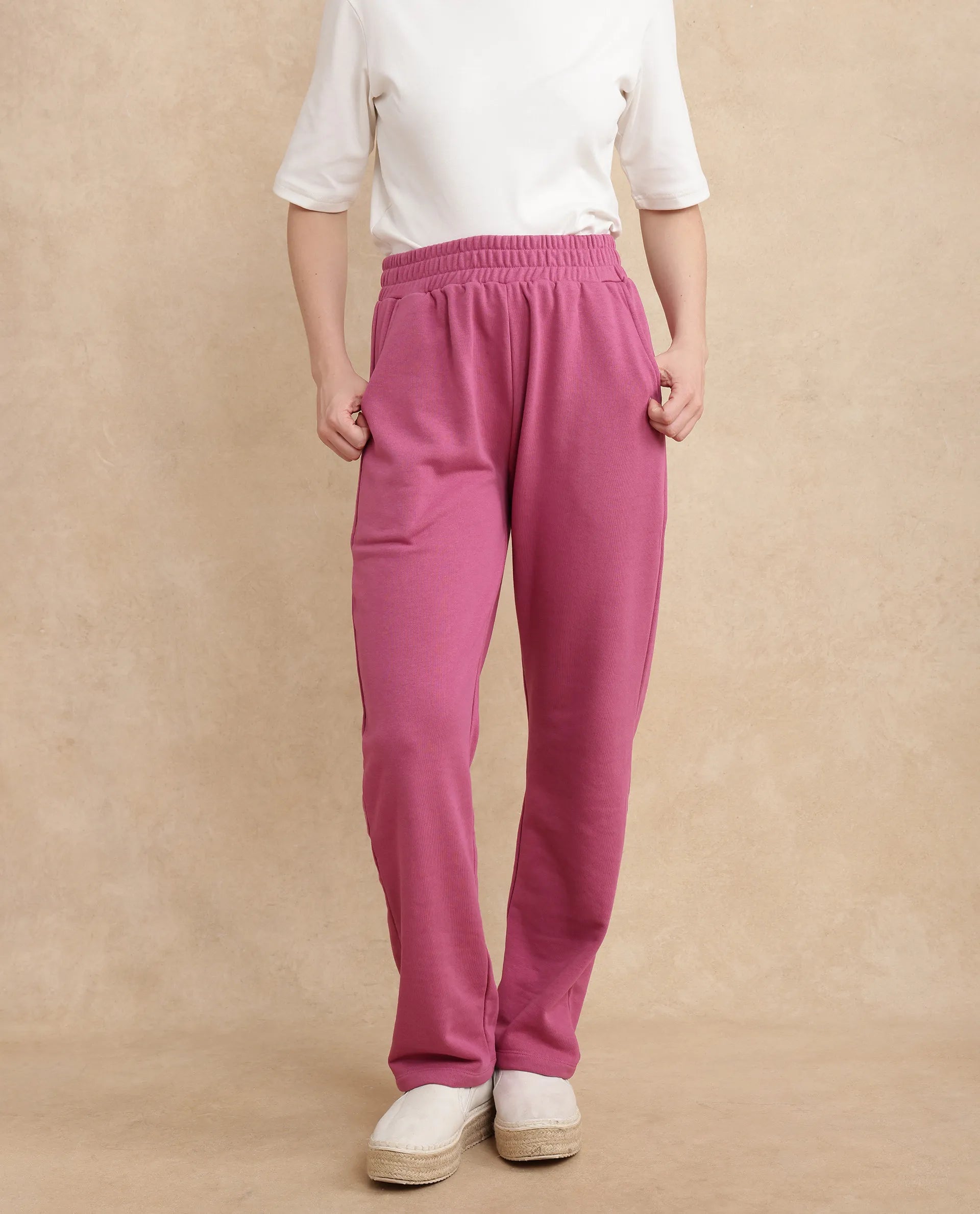 Rareism Women Trunky Dark Pink Cotton Blend Fabric Straight Fit Ankle Length Plain Track Pant