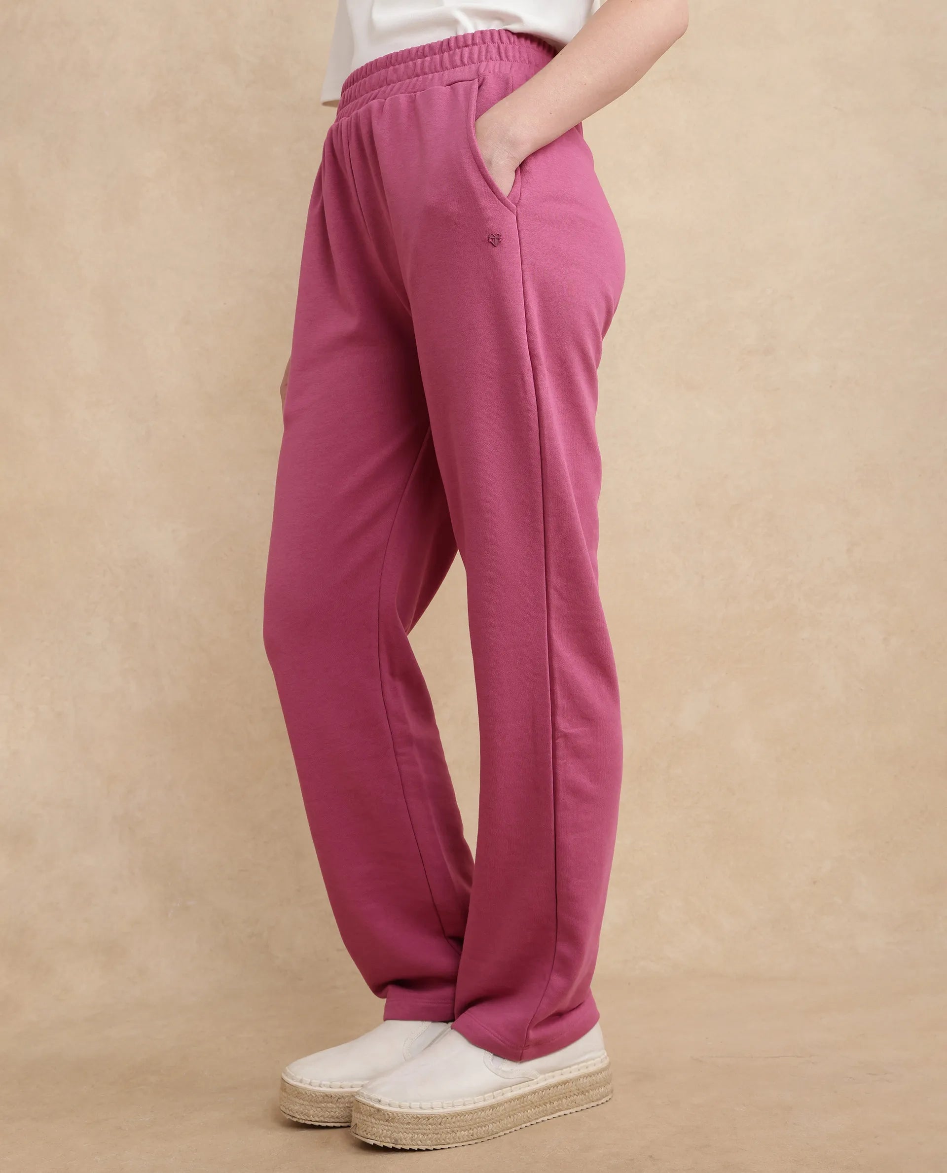 Rareism Women Trunky Dark Pink Cotton Blend Fabric Straight Fit Ankle Length Plain Track Pant