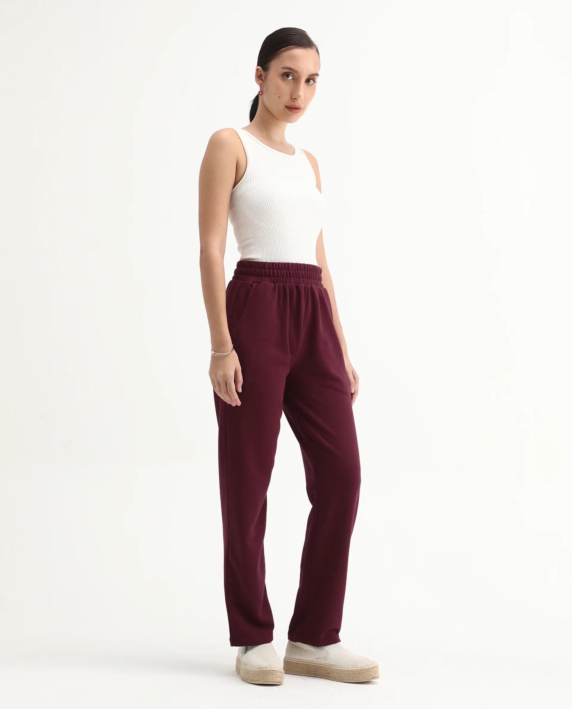 Rareism Women's Trunky Maroon Cotton Blend Plain Ankle Length Straight Fit Track Pant