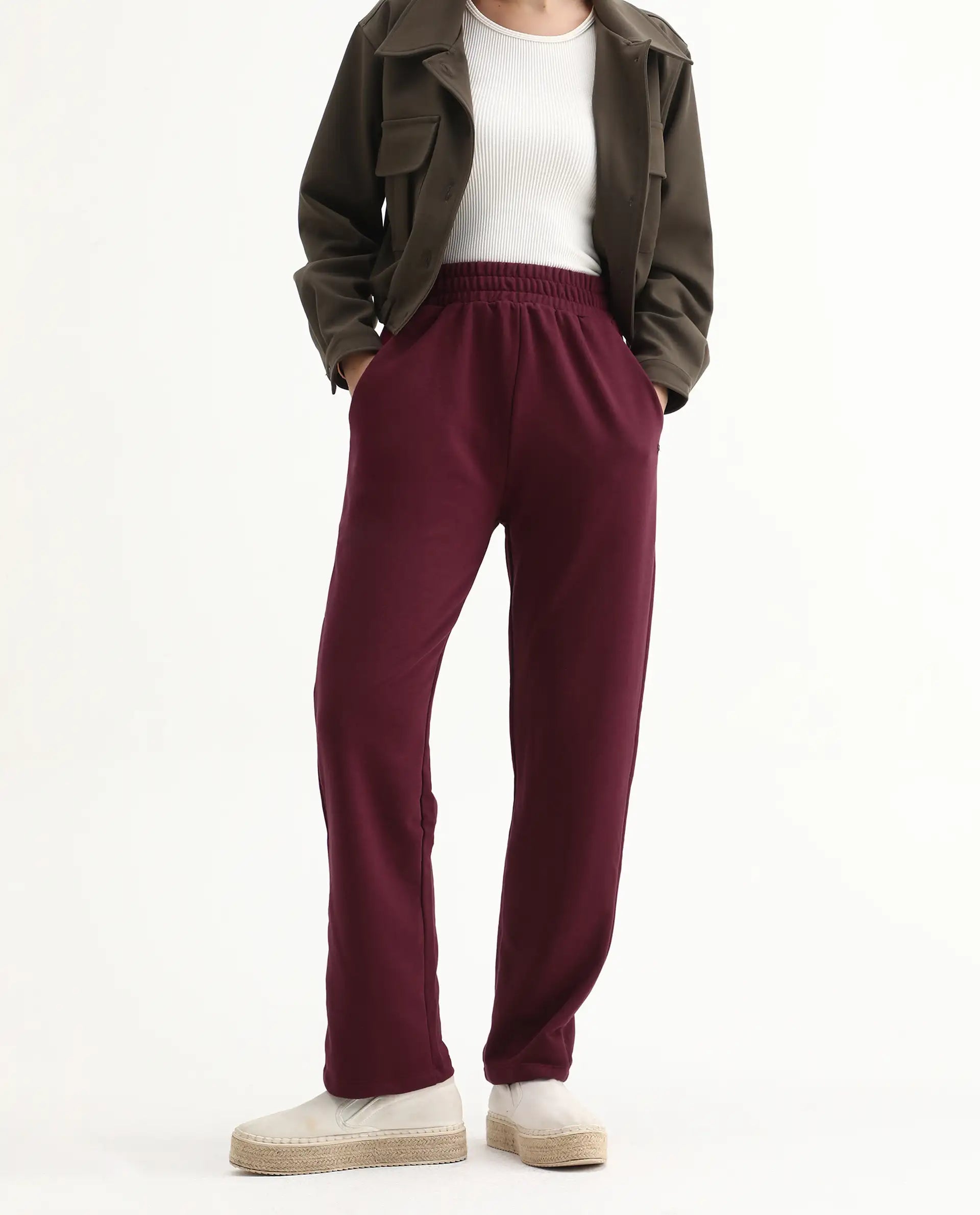 Rareism Women's Trunky Maroon Cotton Blend Plain Ankle Length Straight Fit Track Pant