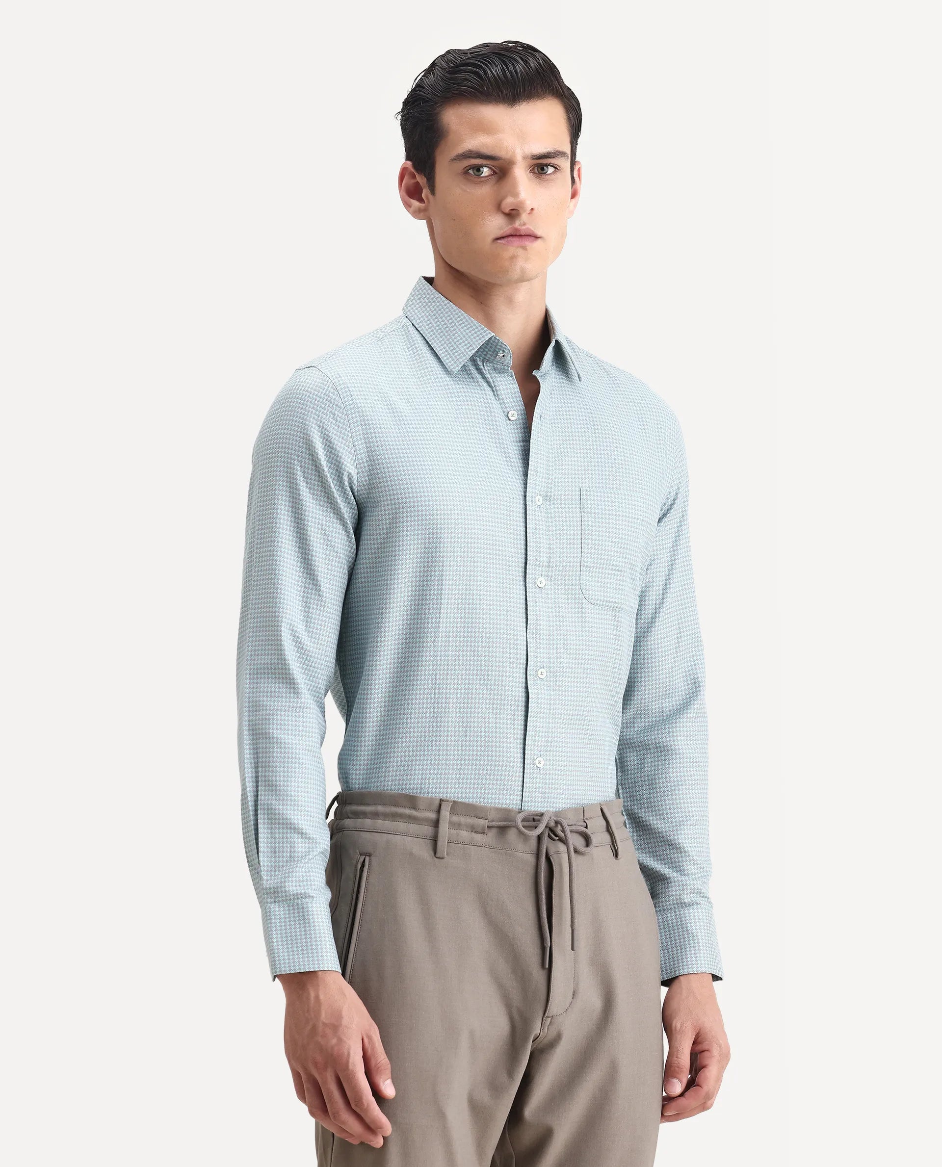 Rare Rabbit Men's Tucky Light Blue Cotton Checked Print Regular Fit Full Sleeve Collared Shirt