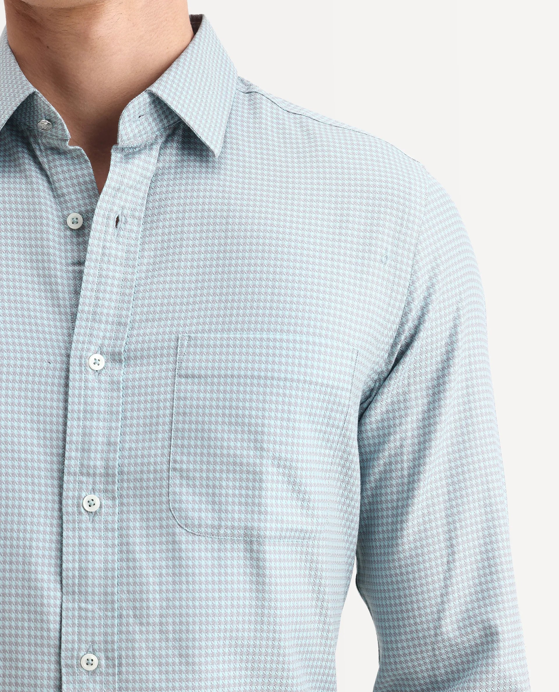 Rare Rabbit Men's Tucky Light Blue Cotton Checked Print Regular Fit Full Sleeve Collared Shirt