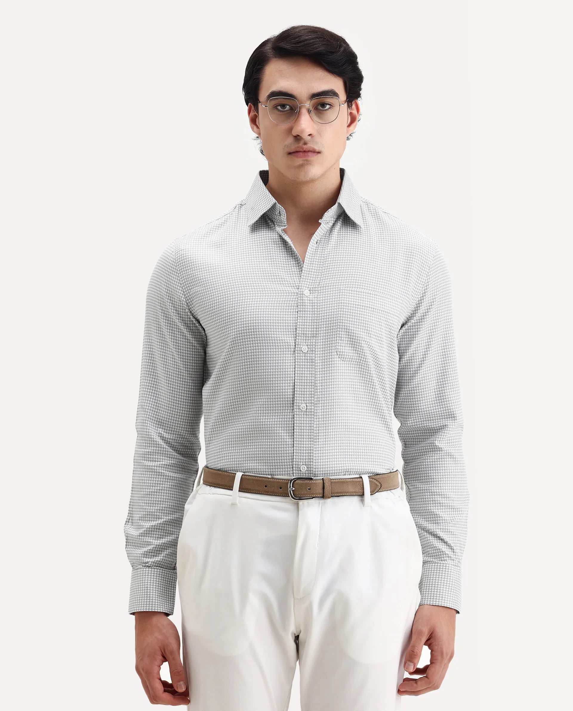 Rare Rabbit Men's Tucky Grey Cotton Blend Striped Print Regular Fit Full Sleeve Collared Shirt