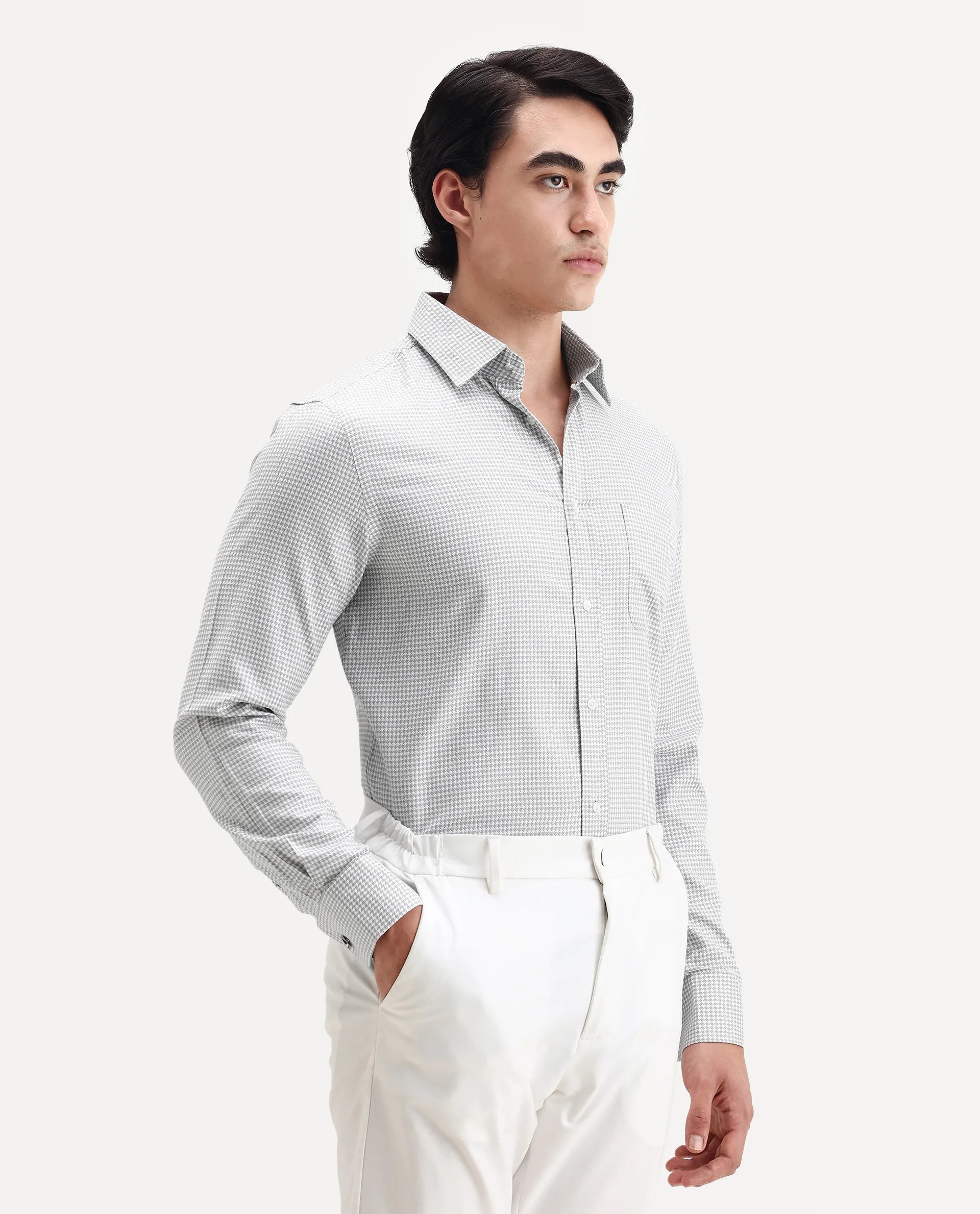 Rare Rabbit Men's Tucky Grey Cotton Blend Striped Print Regular Fit Full Sleeve Collared Shirt