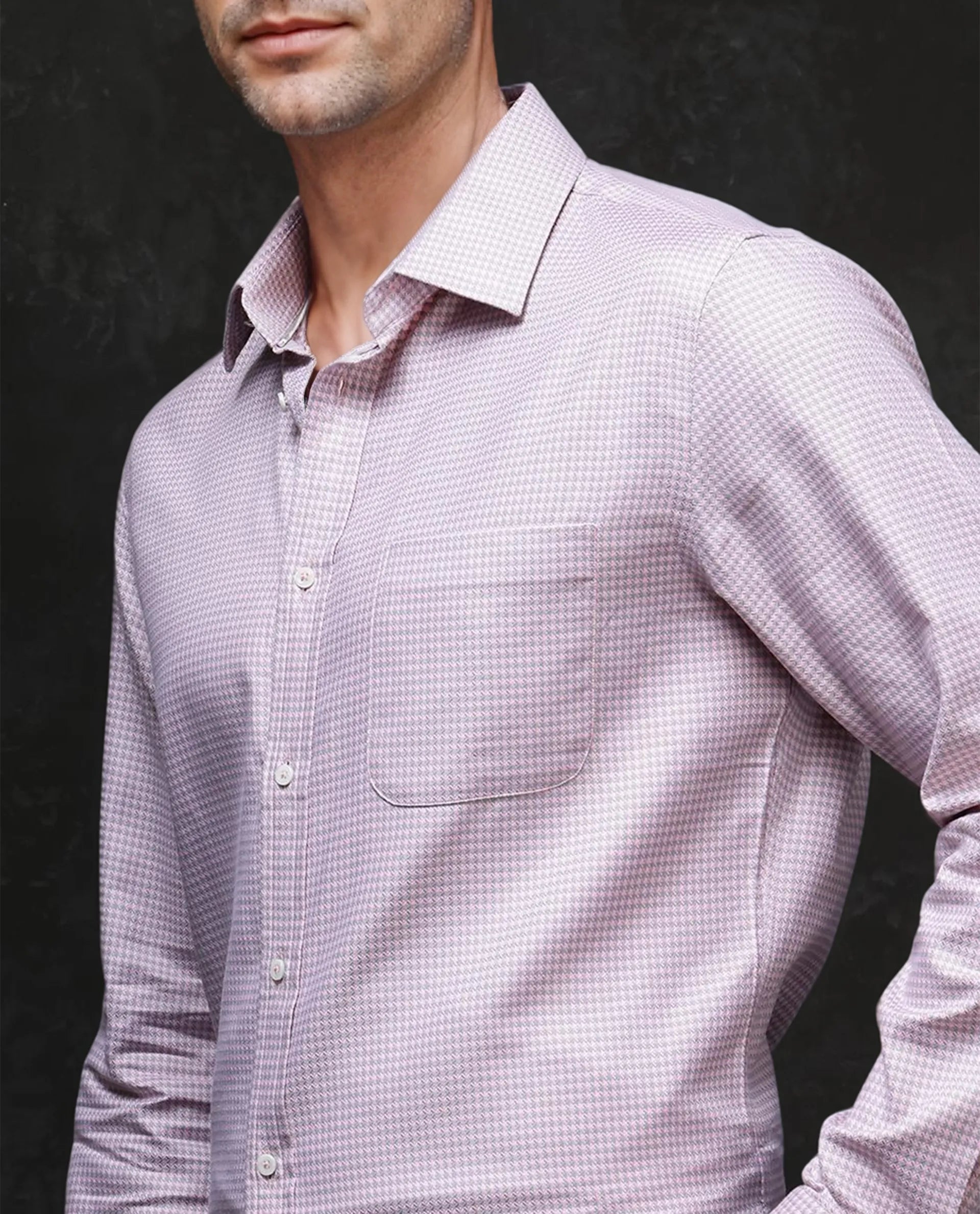 Rare Rabbit Men Tucky Light Pink Cotton Blend Fabric Full Sleeve Regular Fit Houndstooth Print Cufflinked Premium Business Shirt