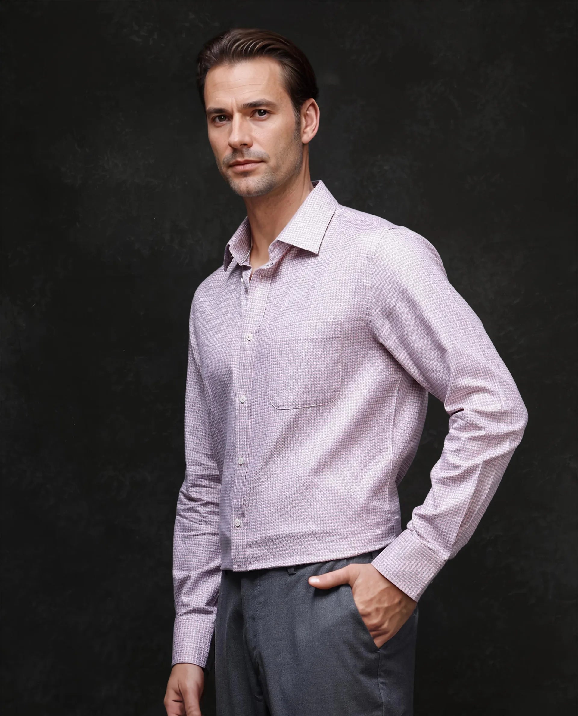 Rare Rabbit Men Tucky Light Pink Cotton Blend Fabric Full Sleeve Regular Fit Houndstooth Print Cufflinked Premium Business Shirt