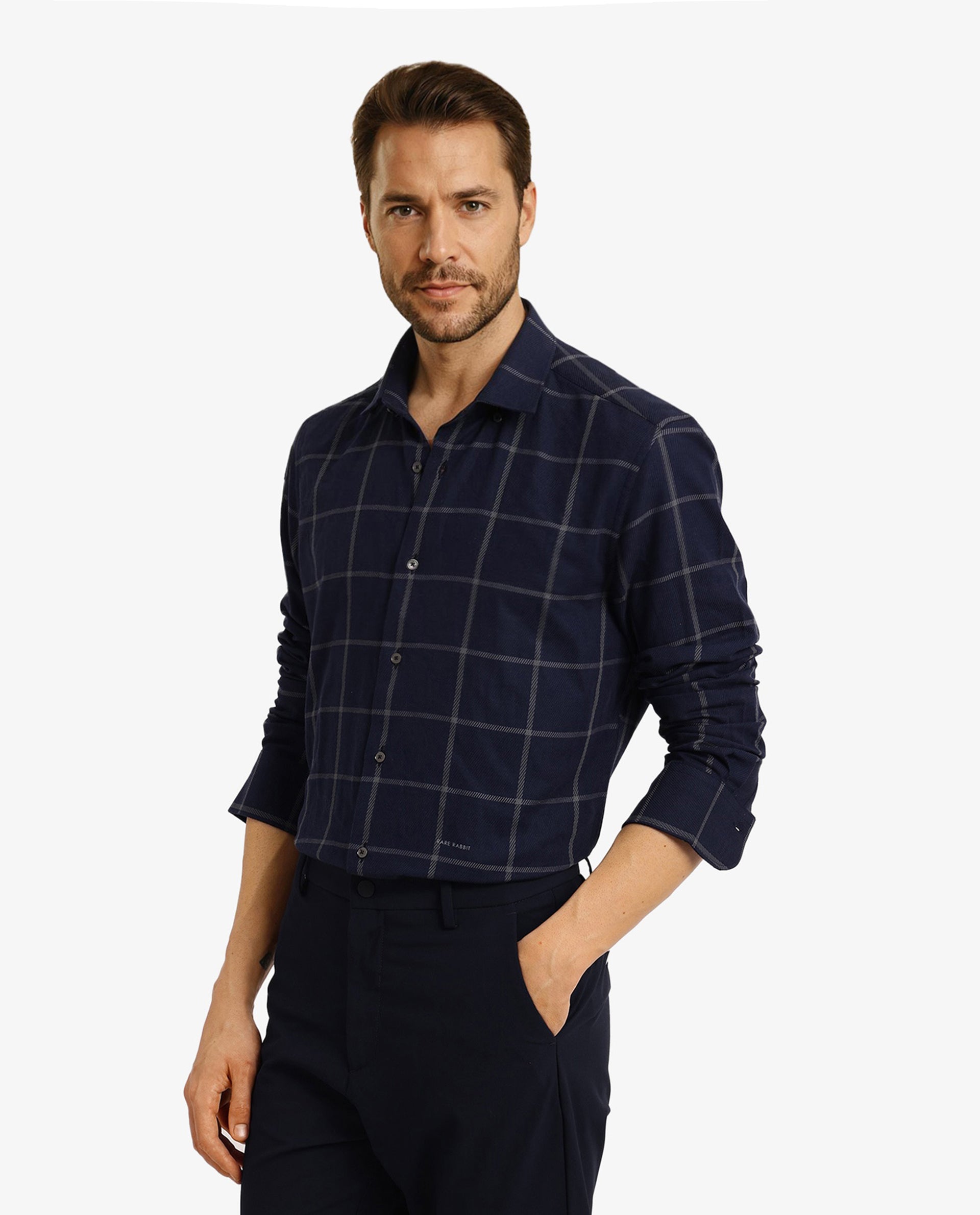 Rare Rabbit Men Tuffah Dark Navy Cotton Fabric Full Sleeve Regular Fit Twill Checks Shirt