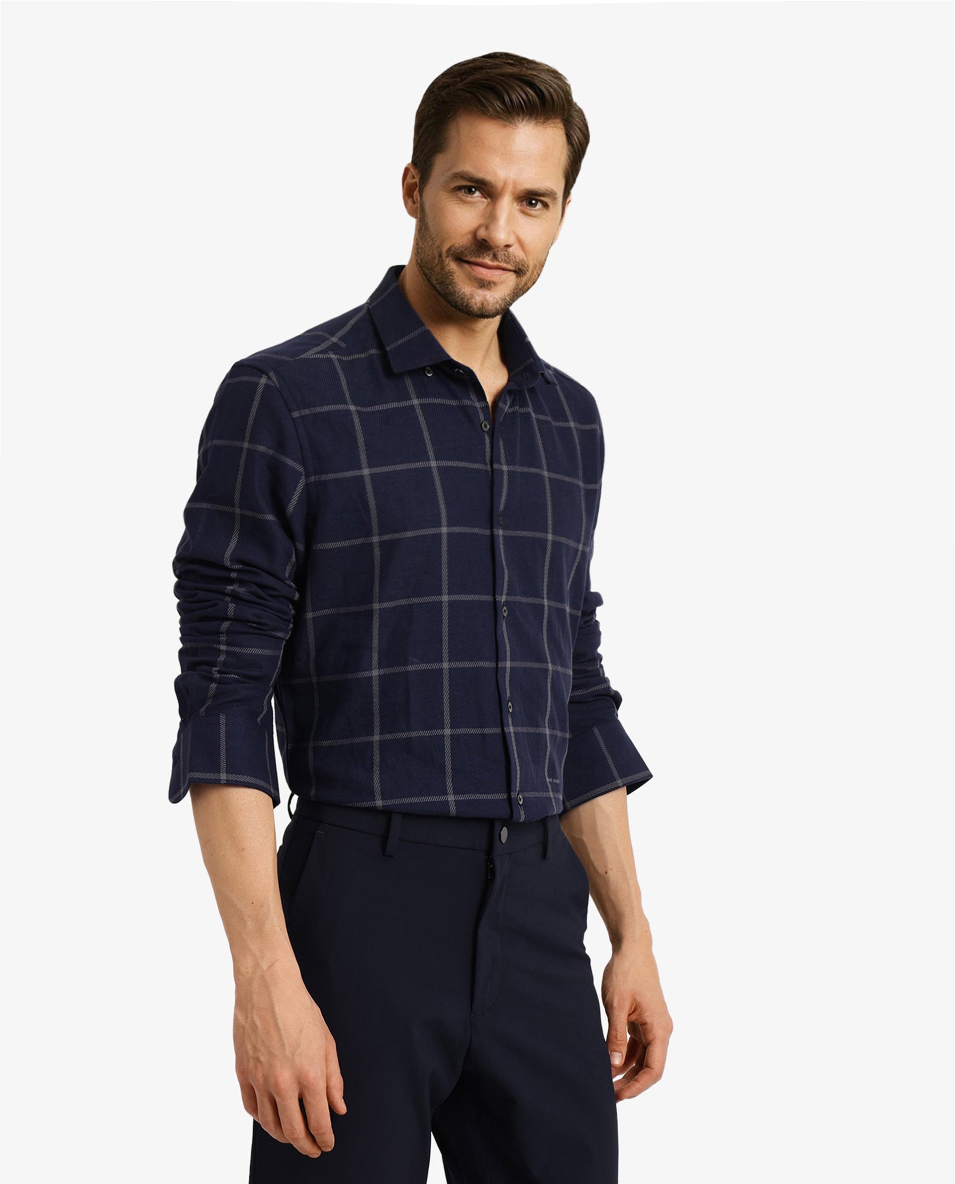 Rare Rabbit Men Tuffah Dark Navy Cotton Fabric Full Sleeve Regular Fit Twill Checks Shirt