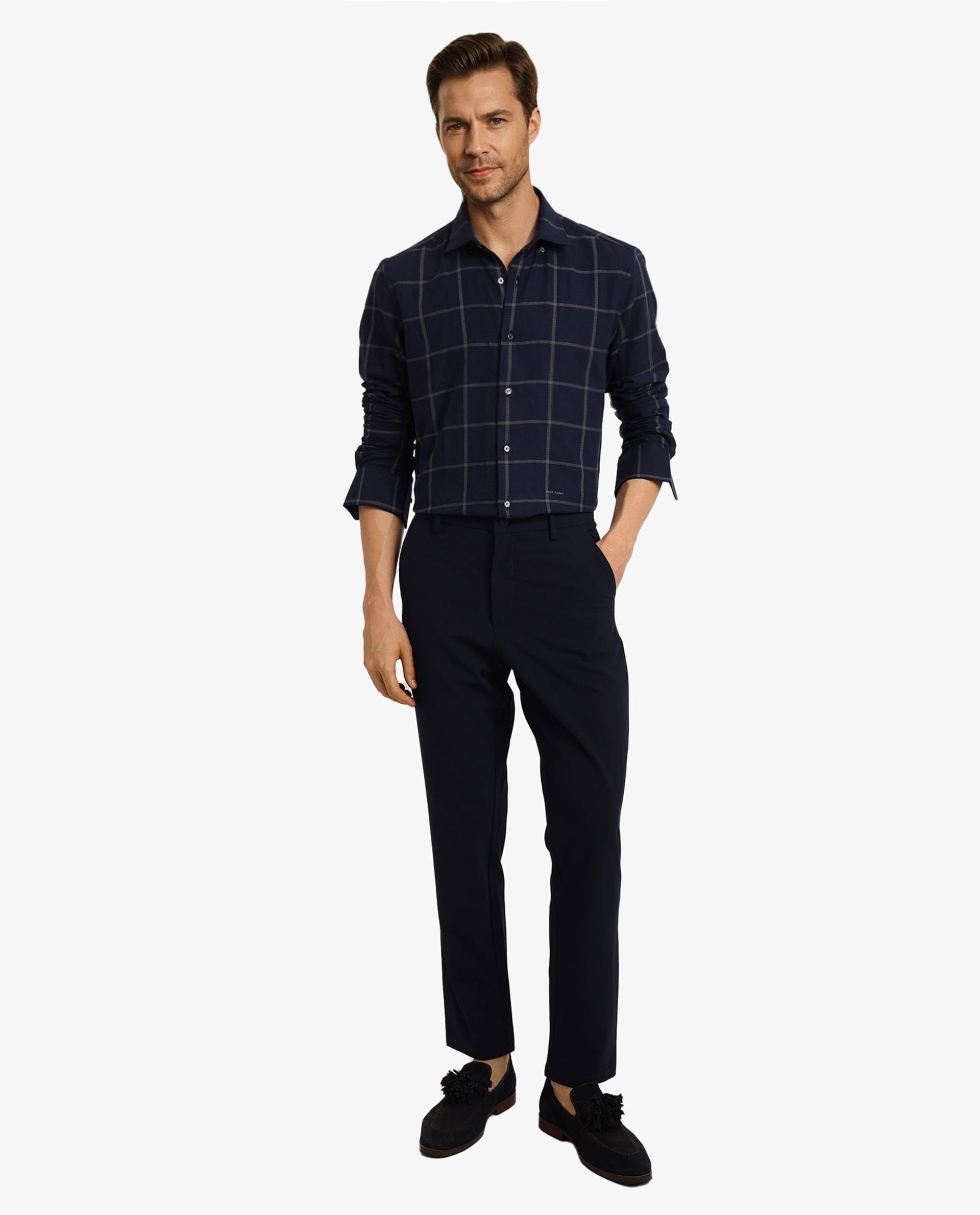 Rare Rabbit Men Tuffah Dark Navy Cotton Fabric Full Sleeve Regular Fit Twill Checks Shirt