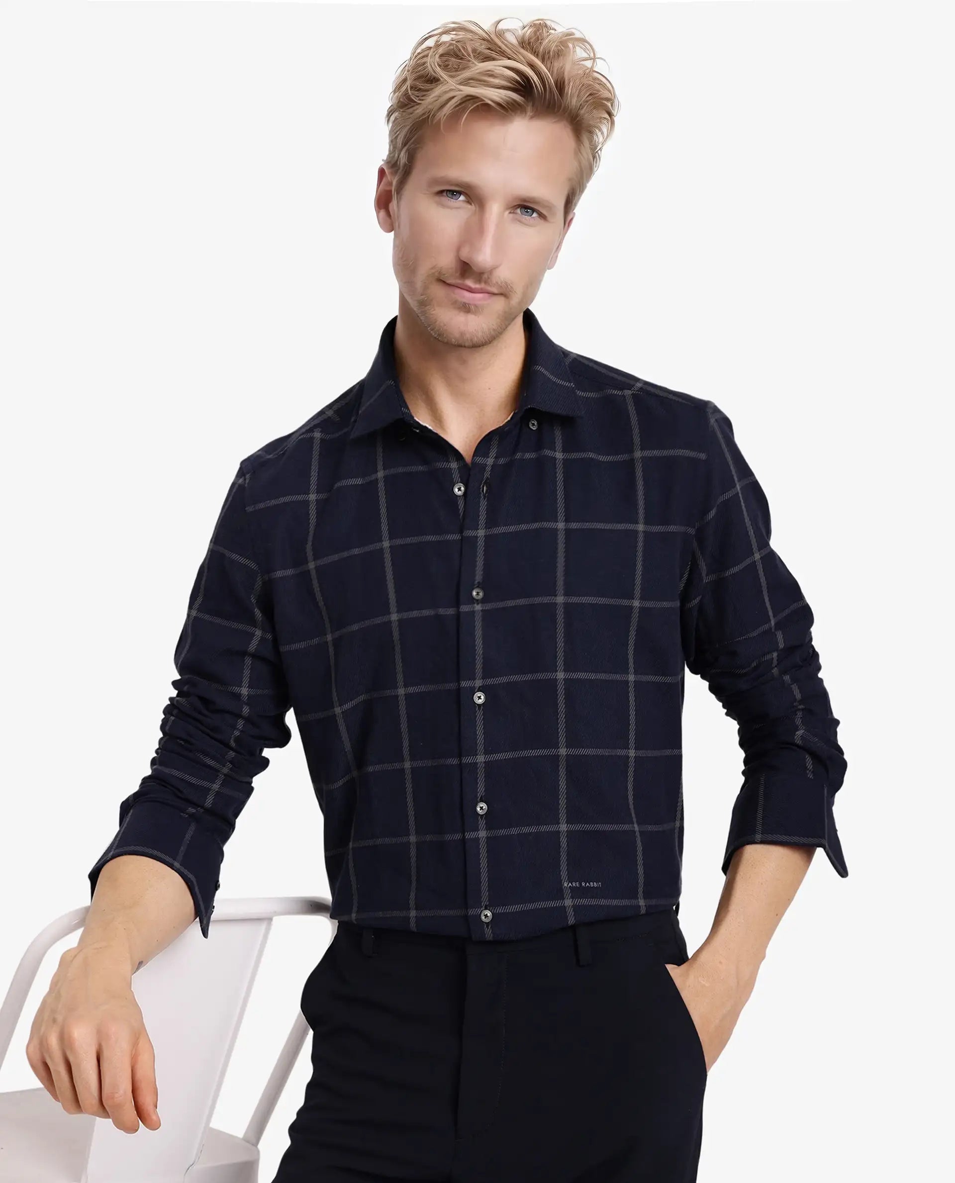 Rare Rabbit Men Tuffah Dark Navy Cotton Fabric Full Sleeve Regular Fit Twill Checks Shirt