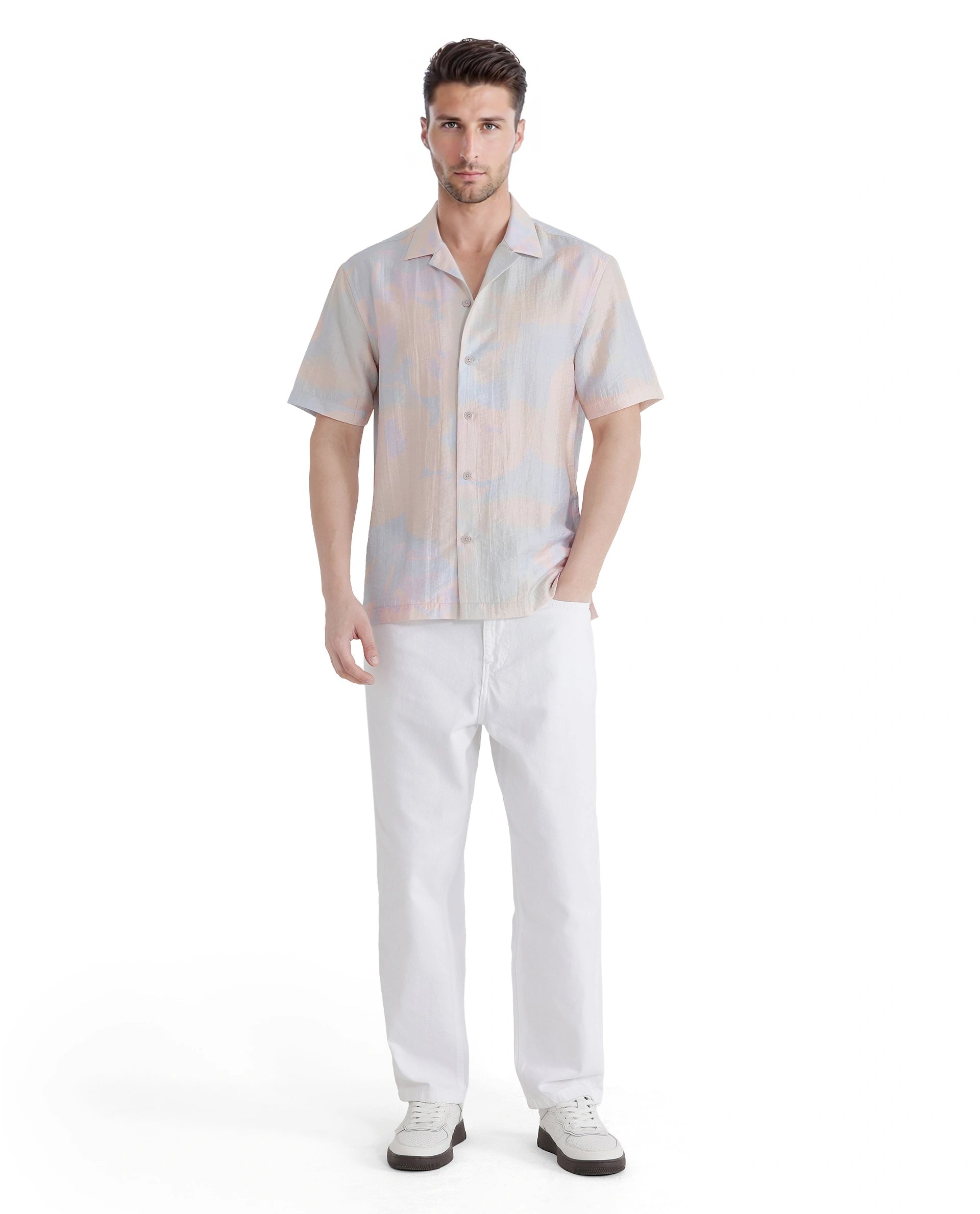 Rare Rabbit Men Tugi Blue Nylon Tencel Fabric Short Sleeve Cuban Collared Boxy Fit Digital Print Shirt