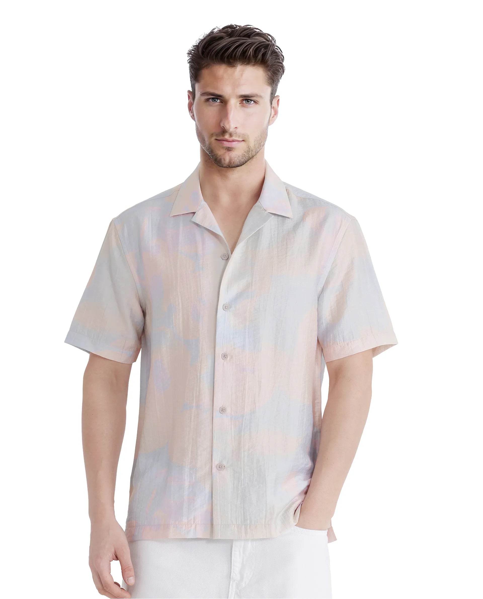 Rare Rabbit Men Tugi Blue Nylon Tencel Fabric Short Sleeve Cuban Collared Boxy Fit Digital Print Shirt