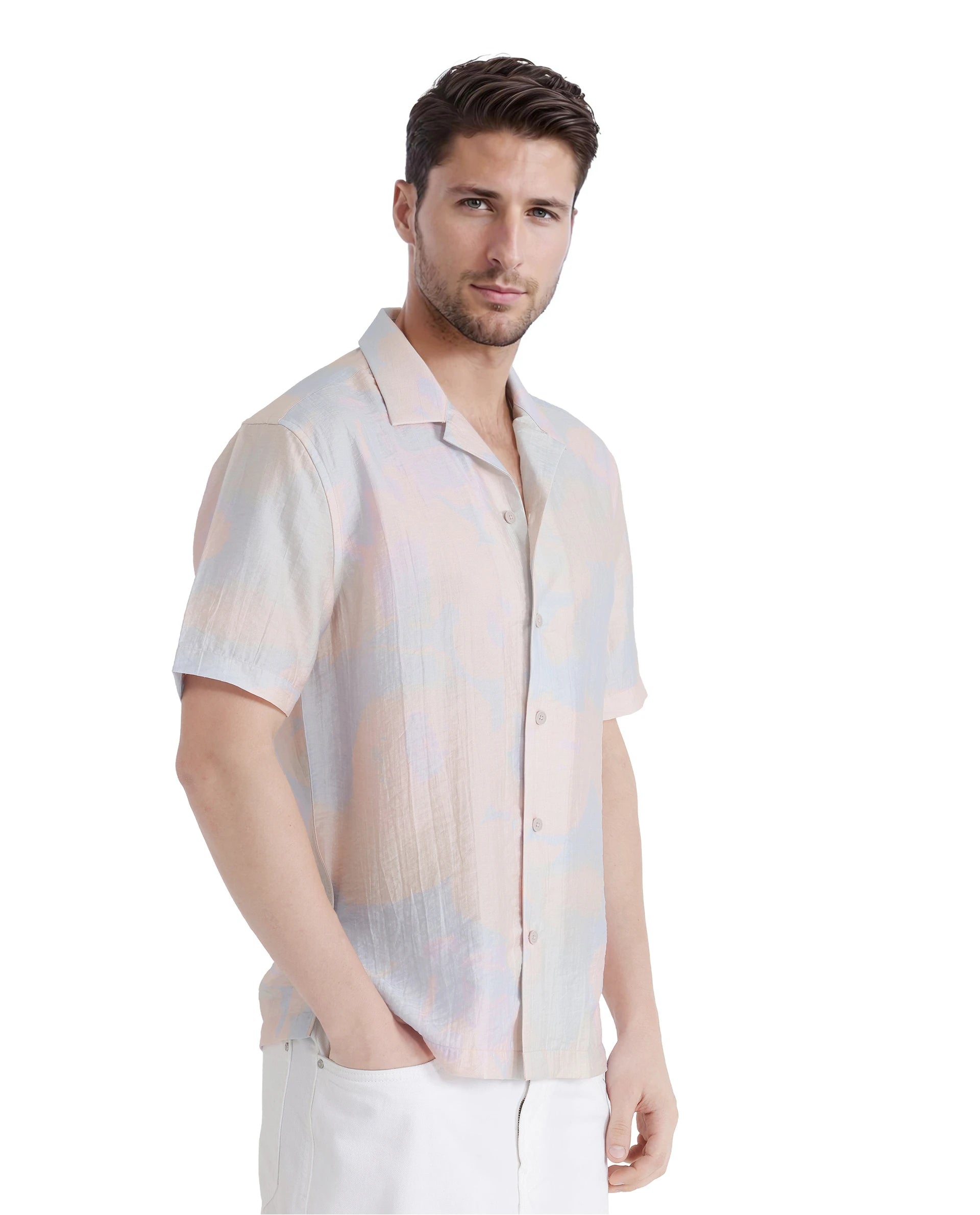 Rare Rabbit Men Tugi Blue Nylon Tencel Fabric Short Sleeve Cuban Collared Boxy Fit Digital Print Shirt