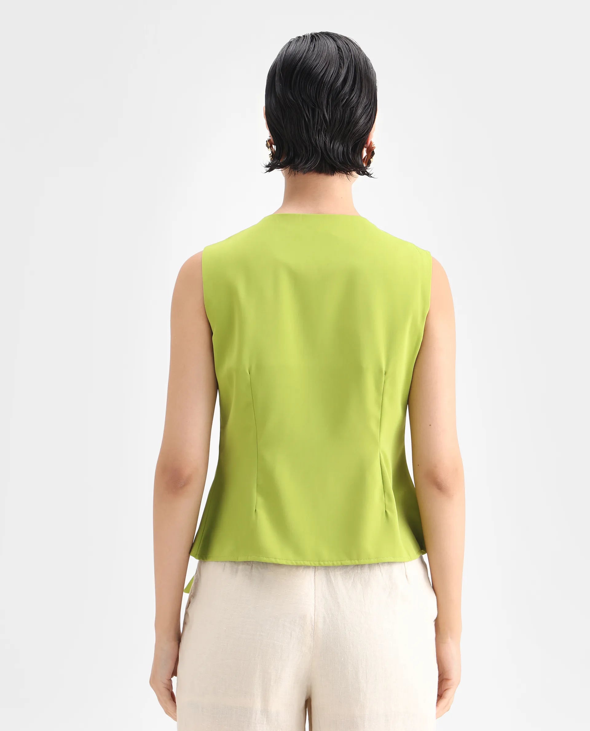 Rareism Women's Tuika Flouroscent Green Satin Overlap Neck Plain Sleeveless Regular Fit Top