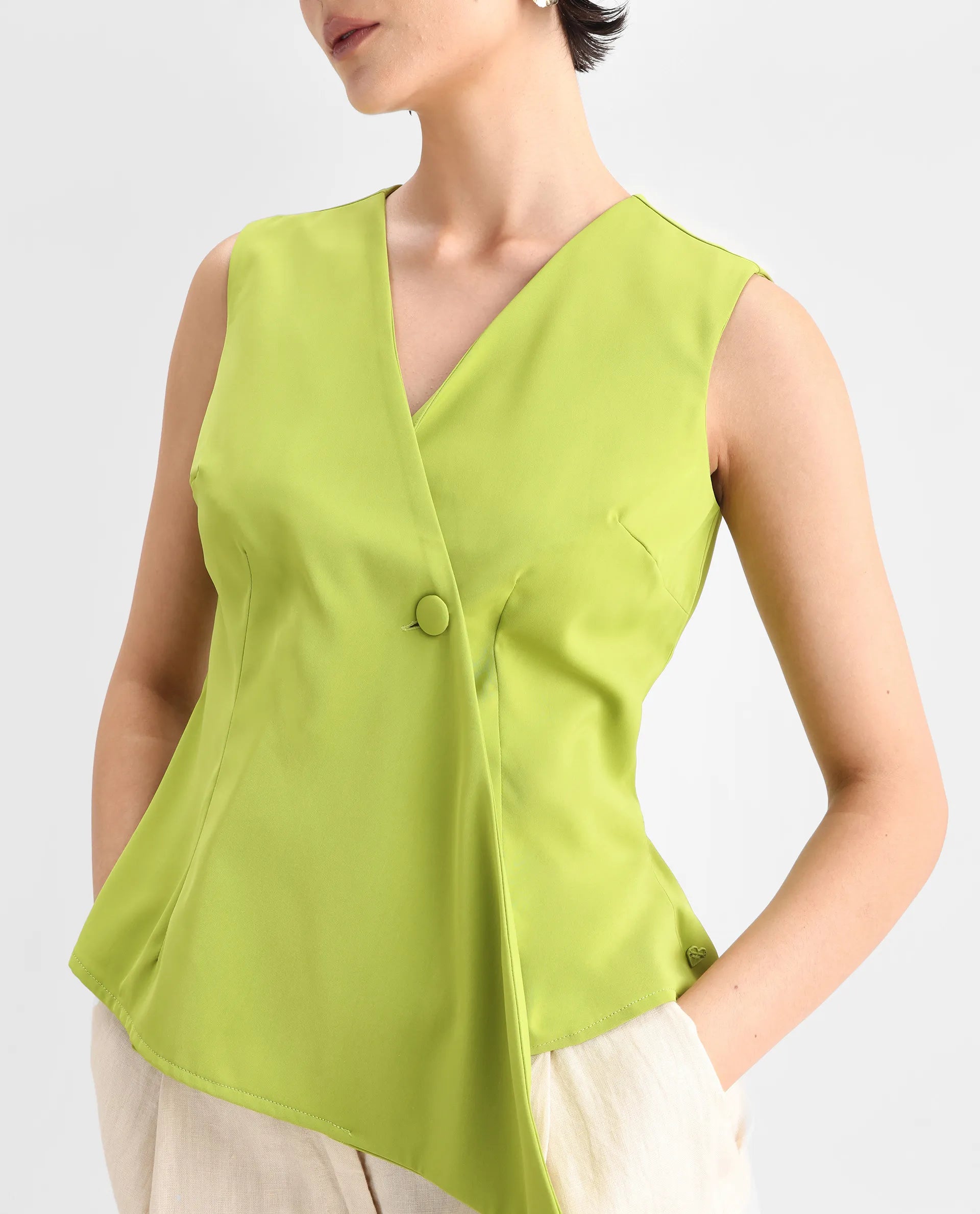 Rareism Women's Tuika Flouroscent Green Satin Overlap Neck Plain Sleeveless Regular Fit Top