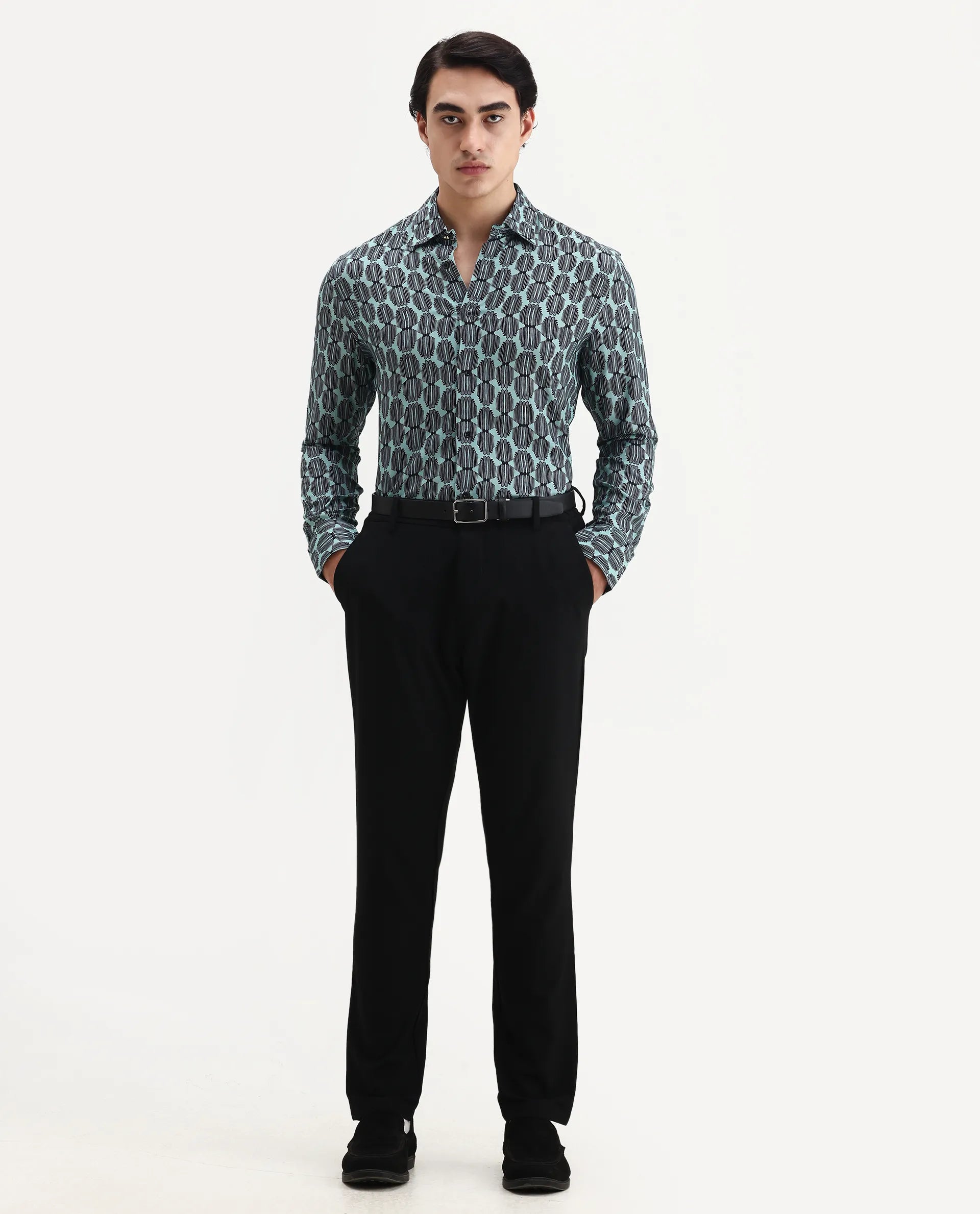 Rare Rabbit Men's Tulls Dusky Turq Viscose Abstract Print Regular Fit Full Sleeve Collared Shirt