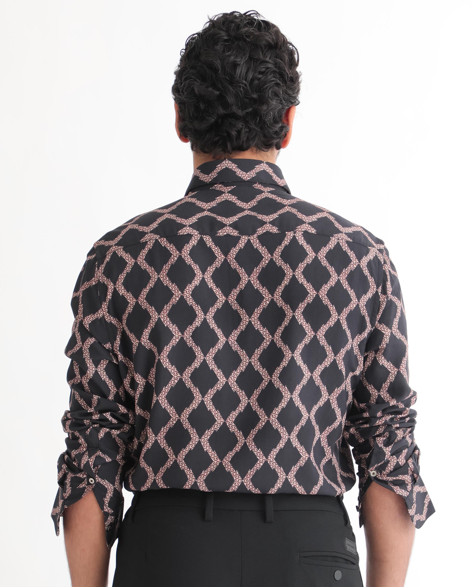 Rare Rabbit Men's Tulsa Black Viscose Fabric Geometric Print Full Sleeves Shirt