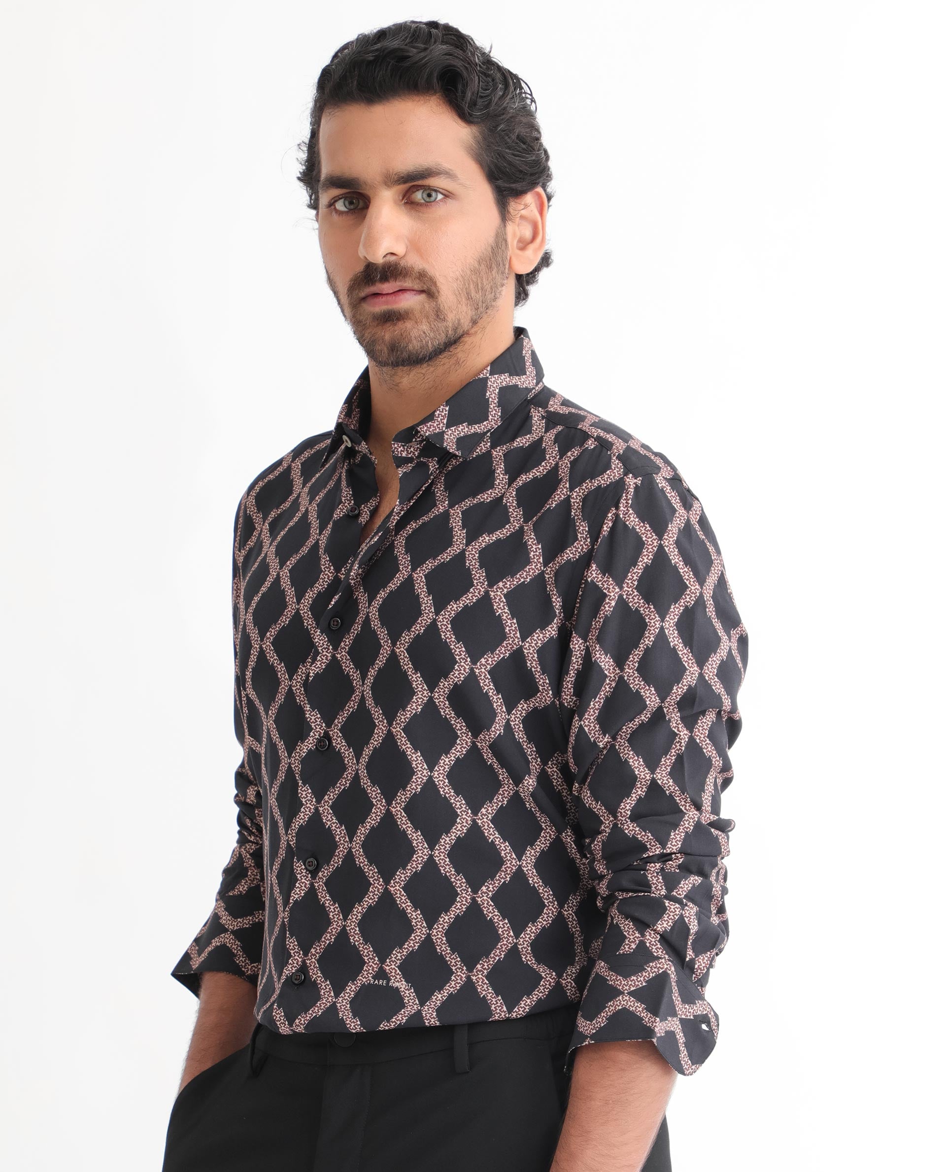 Rare Rabbit Men's Tulsa Black Viscose Fabric Geometric Print Full Sleeves Shirt