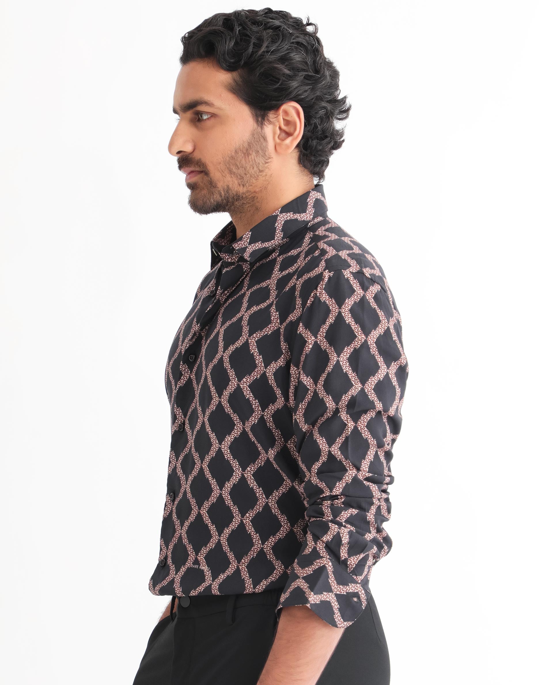 Rare Rabbit Men's Tulsa Black Viscose Fabric Geometric Print Full Sleeves Shirt