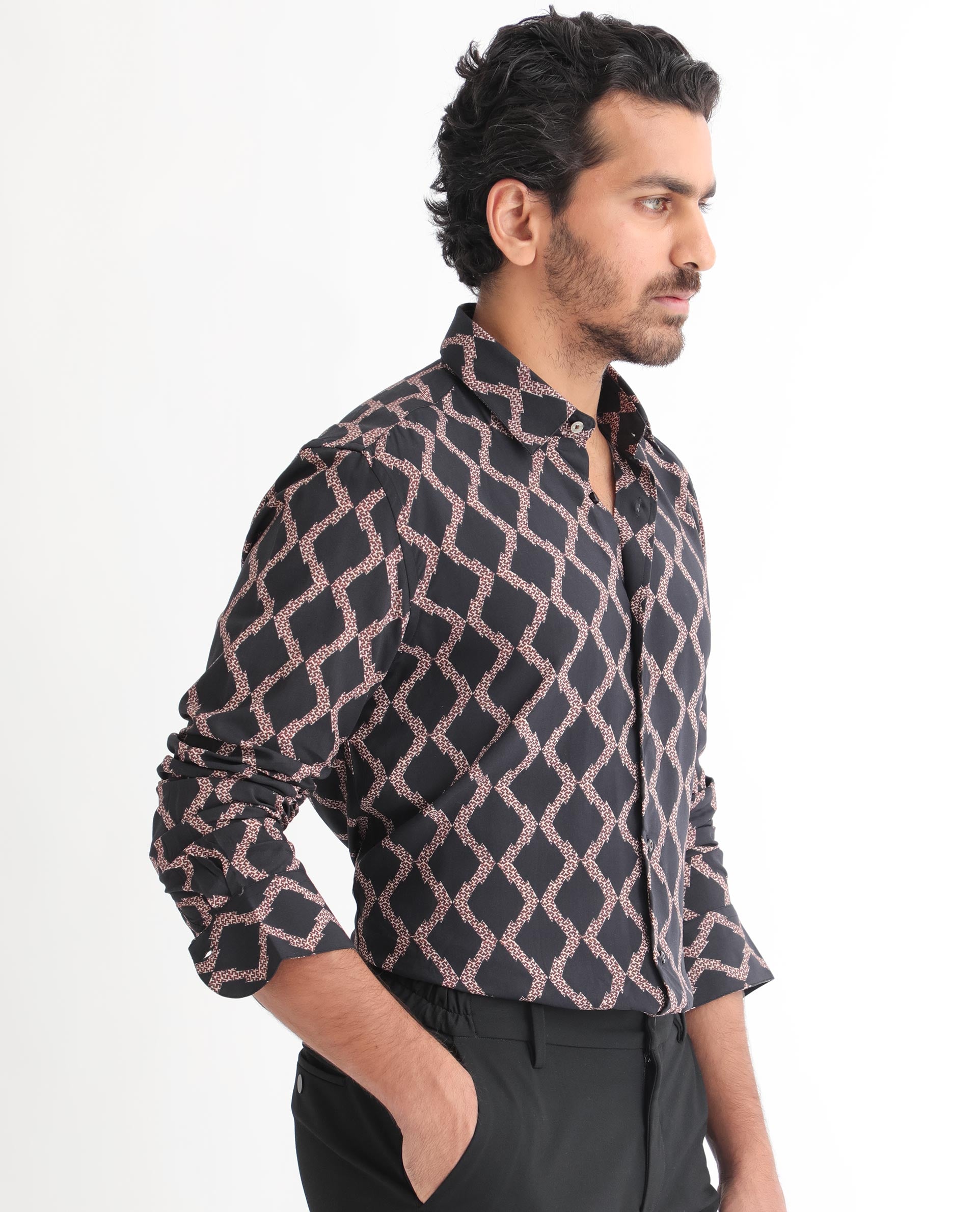 Rare Rabbit Men's Tulsa Black Viscose Fabric Geometric Print Full Sleeves Shirt