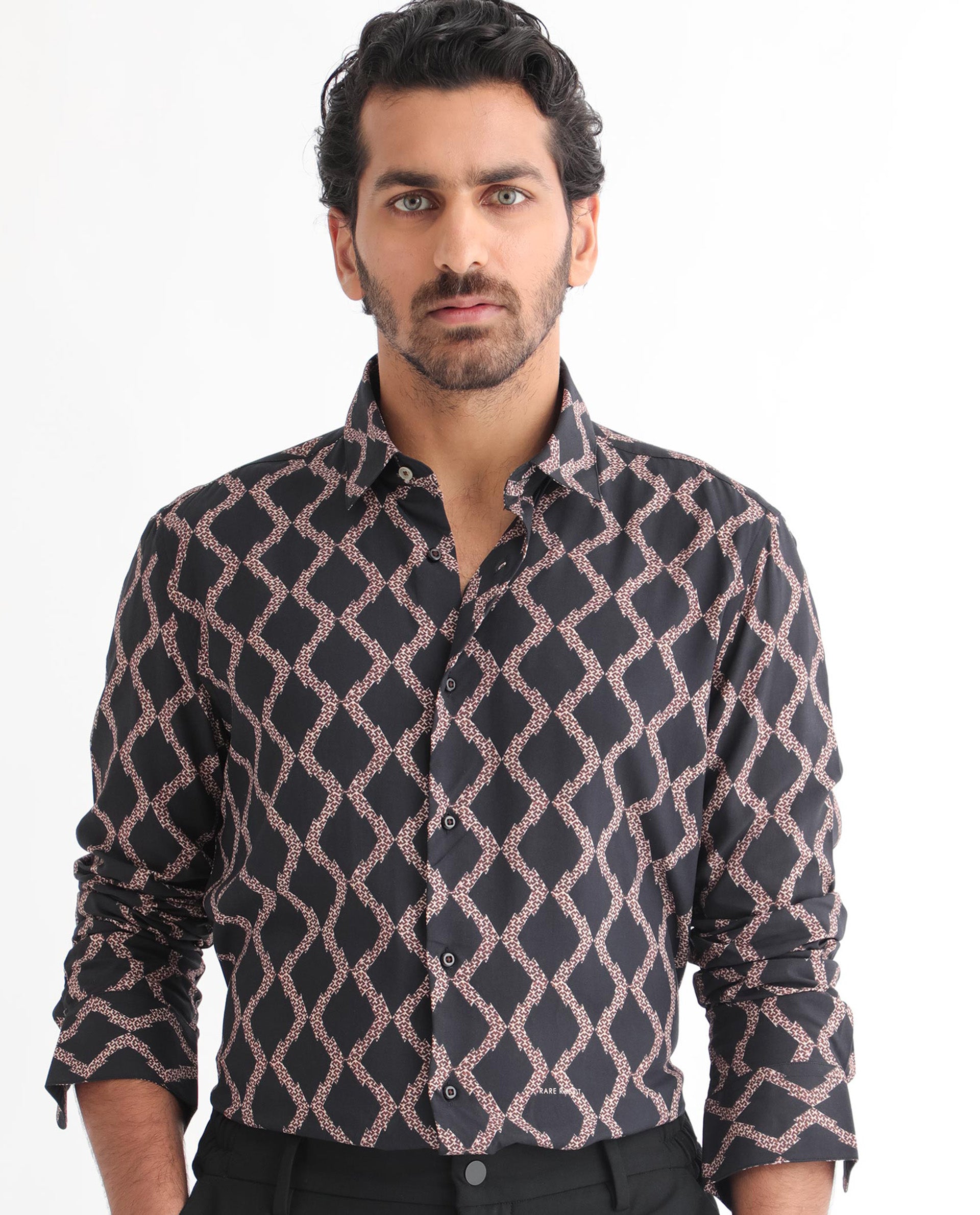 Rare Rabbit Men's Tulsa Black Viscose Fabric Geometric Print Full Sleeves Shirt