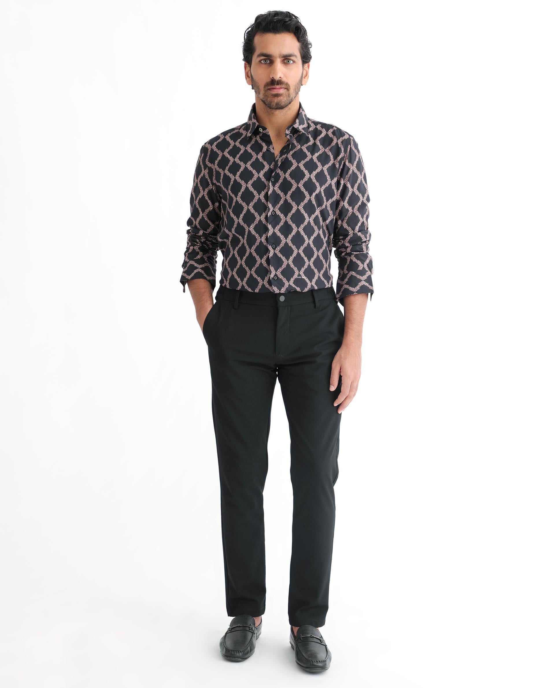 Rare Rabbit Men's Tulsa Black Viscose Fabric Geometric Print Full Sleeves Shirt