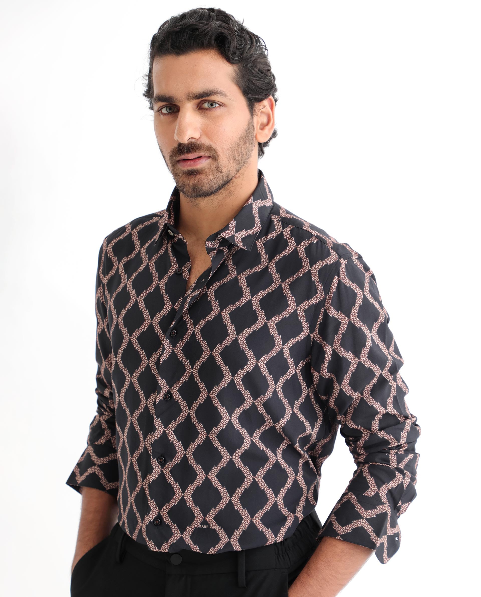 Rare Rabbit Men's Tulsa Black Viscose Fabric Geometric Print Full Sleeves Shirt