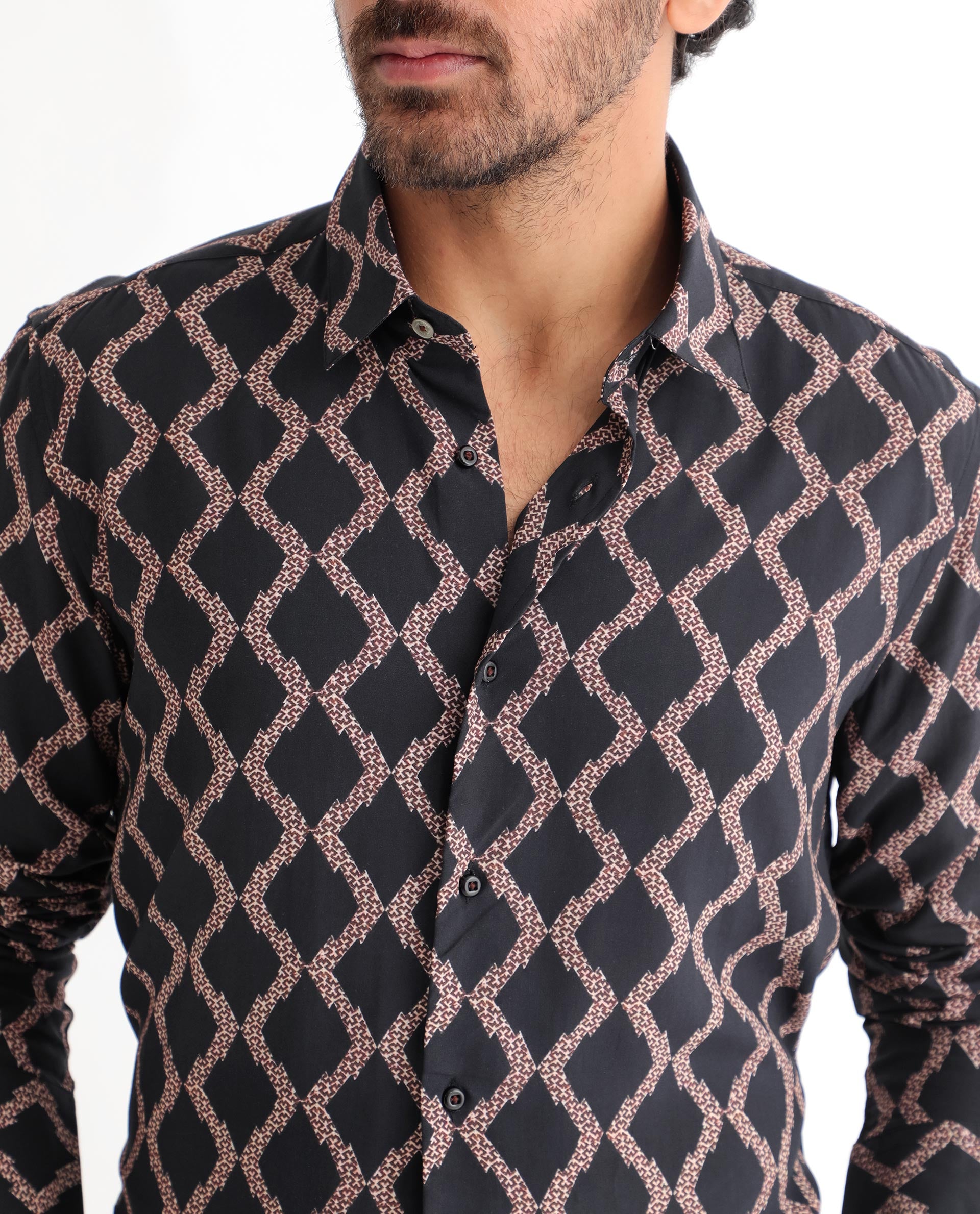 Rare Rabbit Men's Tulsa Black Viscose Fabric Geometric Print Full Sleeves Shirt