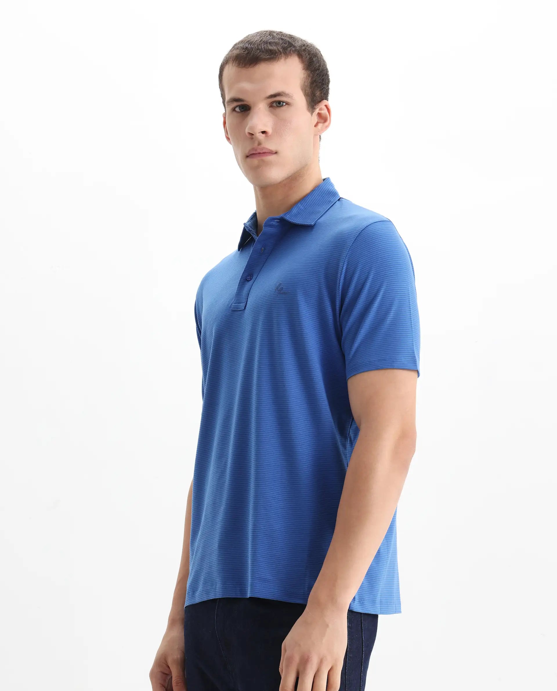 Rare Rabbit Men's Tunas Blue Cotton Striped Print Regular Fit Half Sleeve Polo