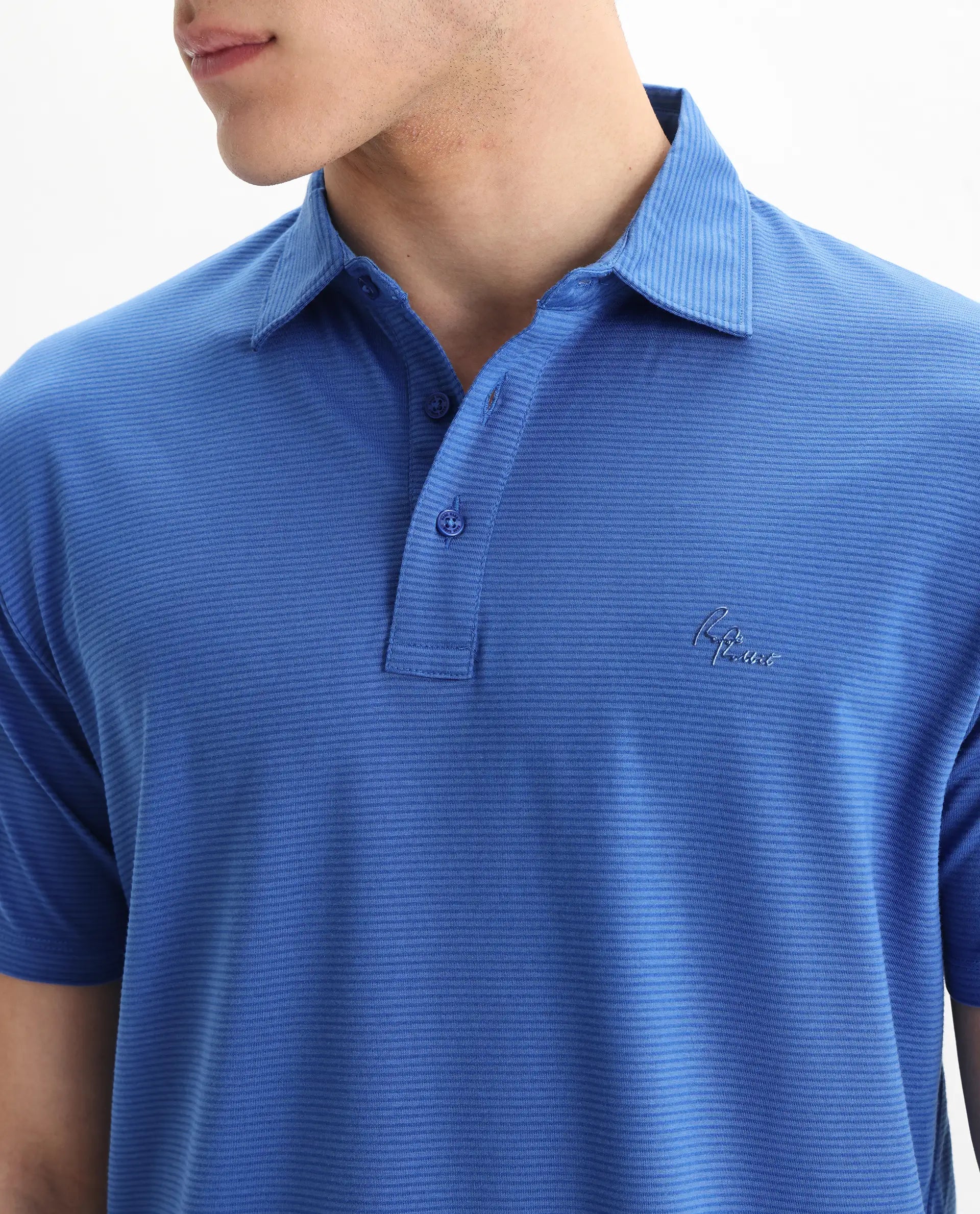 Rare Rabbit Men's Tunas Blue Cotton Striped Print Regular Fit Half Sleeve Polo