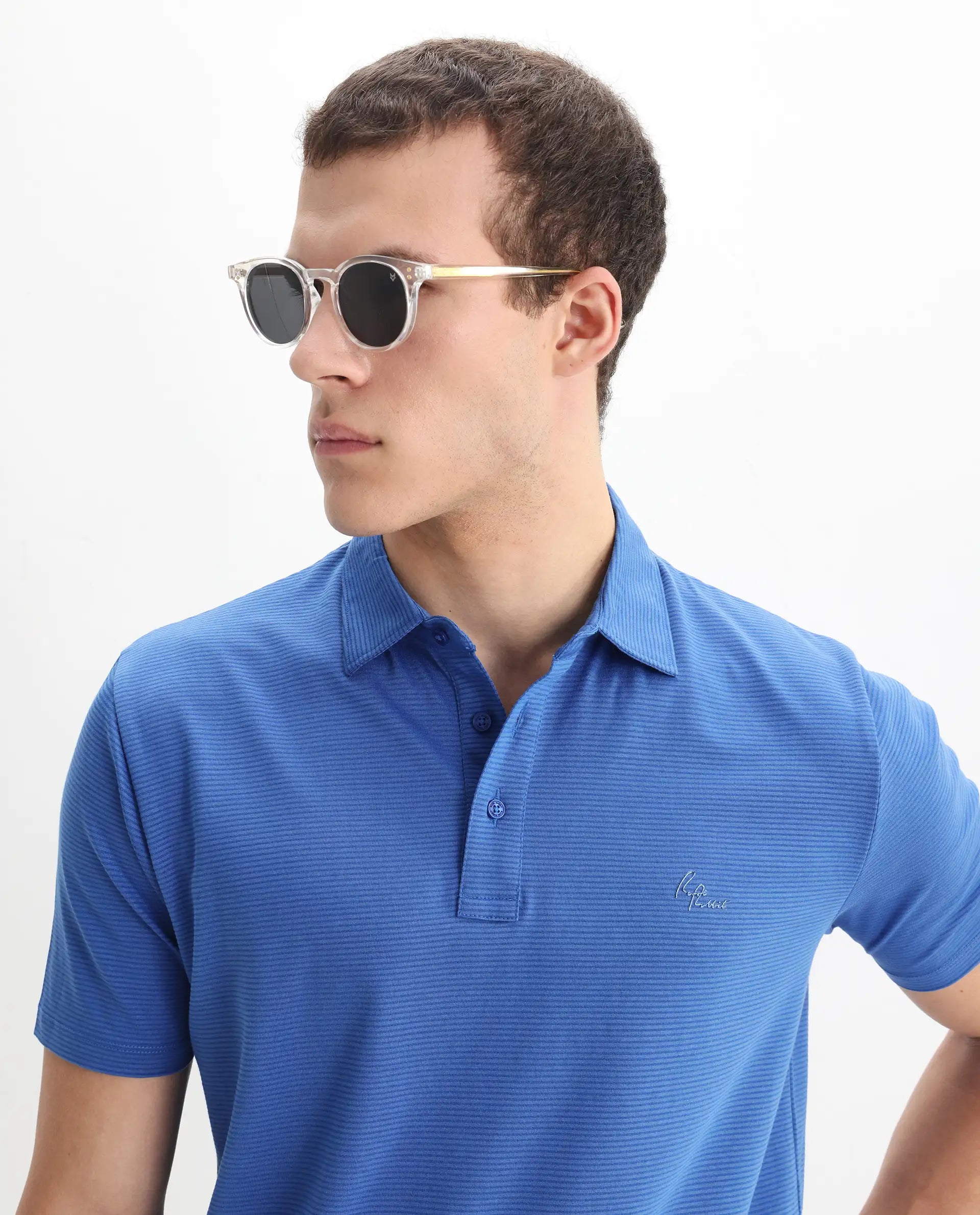 Rare Rabbit Men's Tunas Blue Cotton Striped Print Regular Fit Half Sleeve Polo